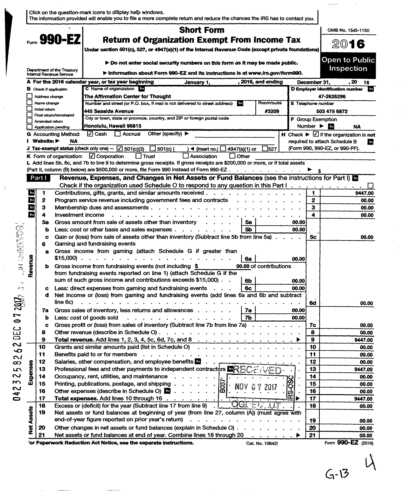 Image of first page of 2016 Form 990EZ for Affirmation Center for Thought (ACT)