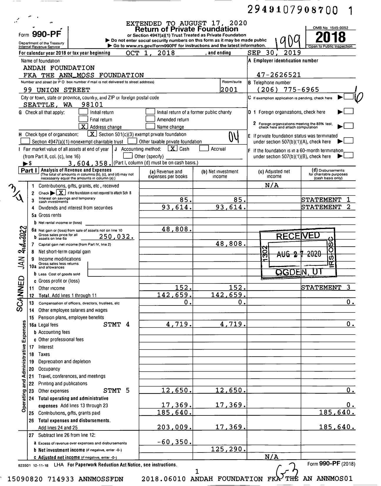 Image of first page of 2018 Form 990PF for Andah Foundation