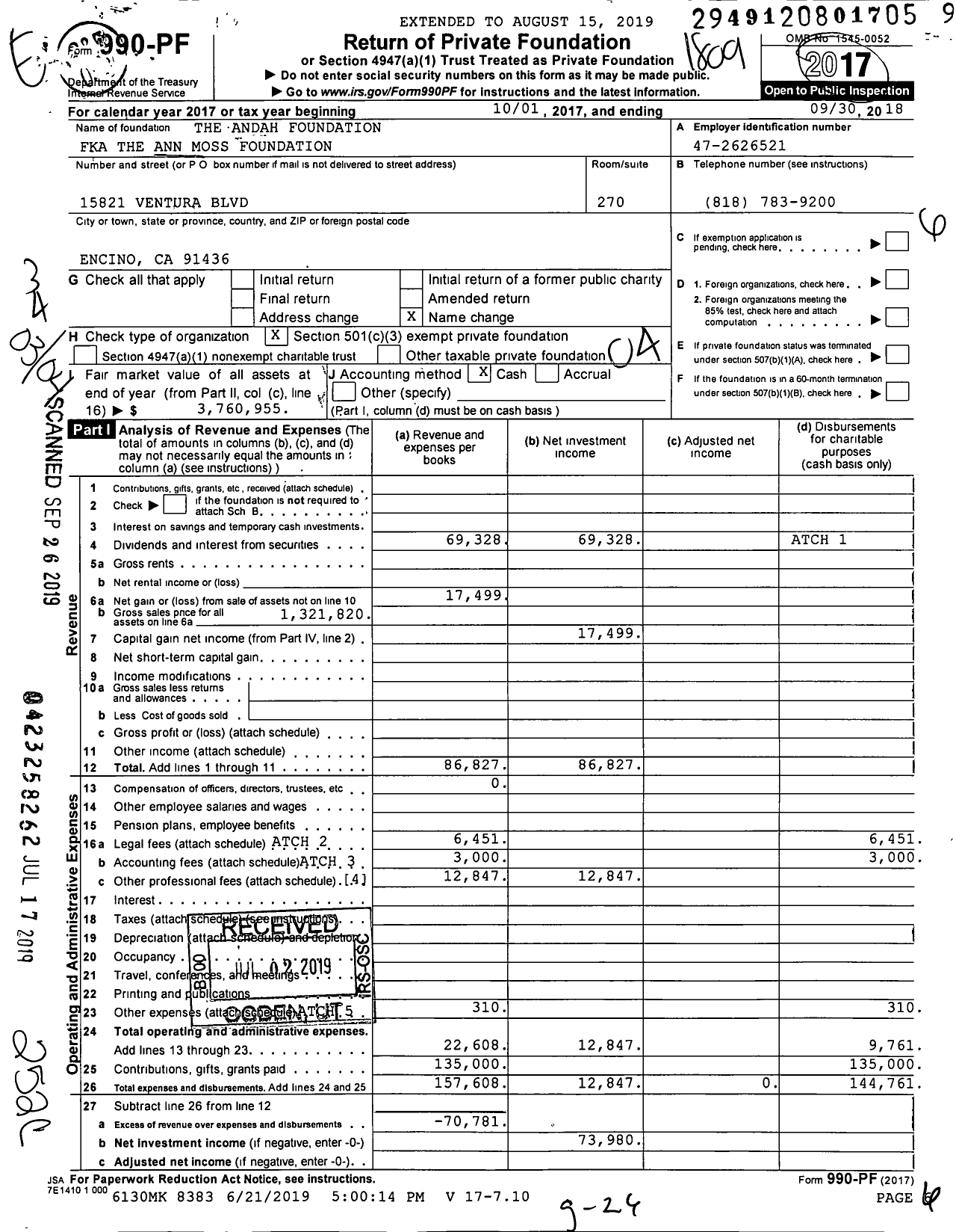 Image of first page of 2017 Form 990PF for Andah Foundation