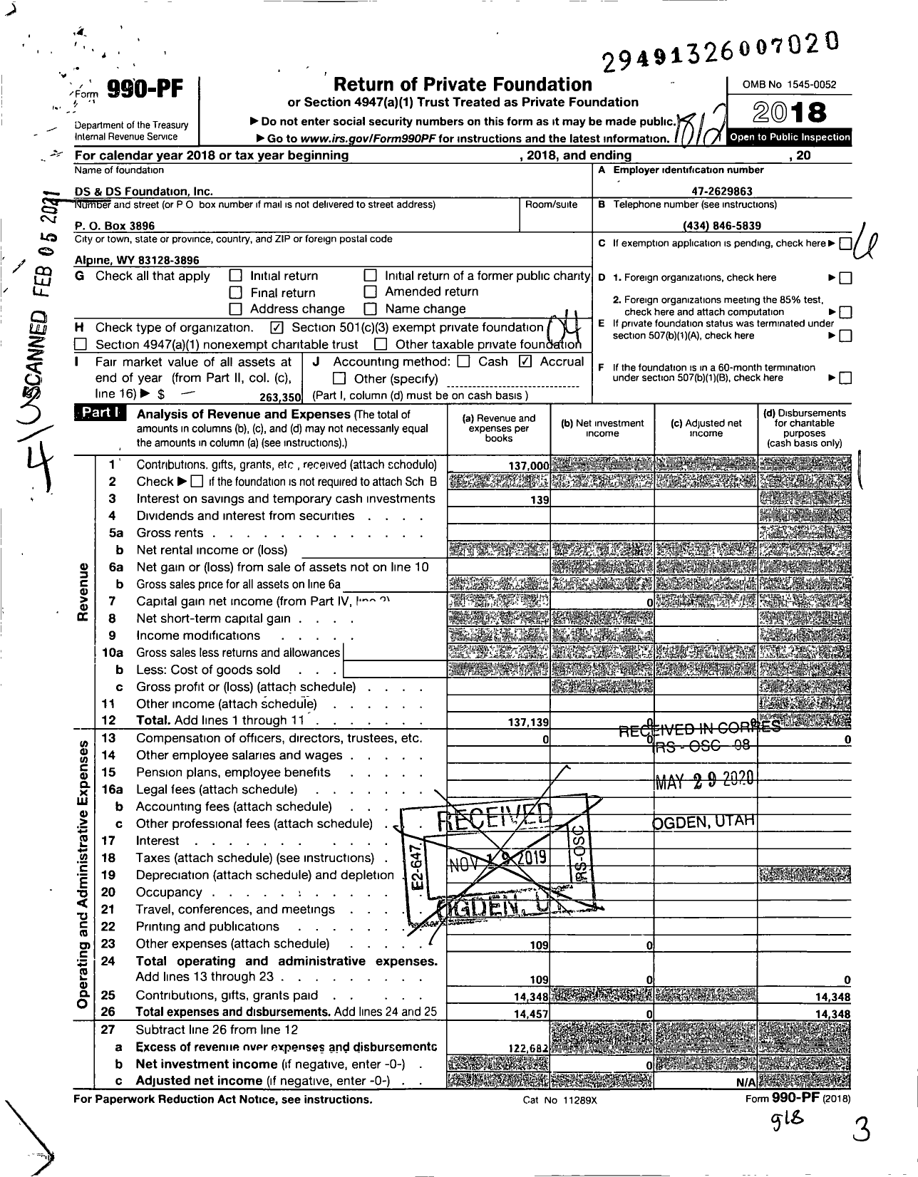 Image of first page of 2018 Form 990PF for DS Foundation