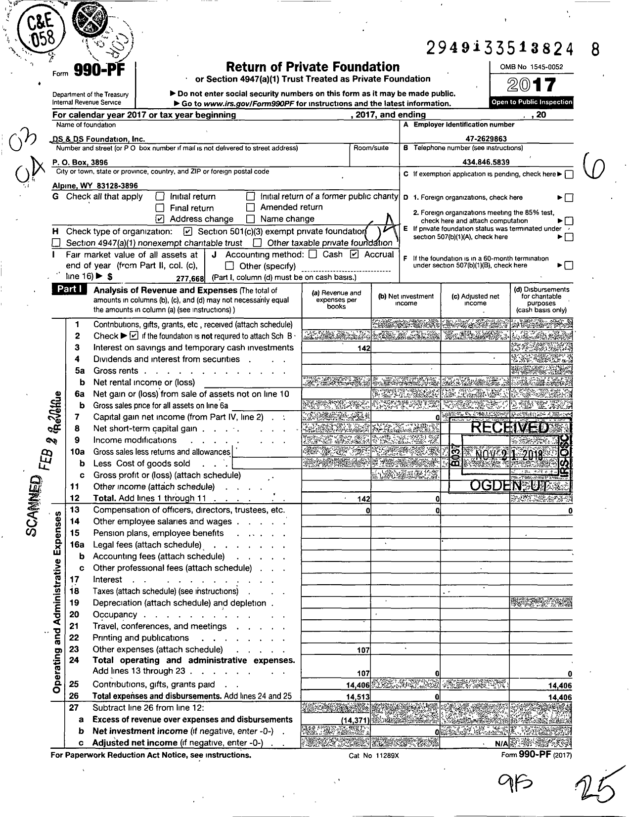 Image of first page of 2017 Form 990PF for DS Foundation