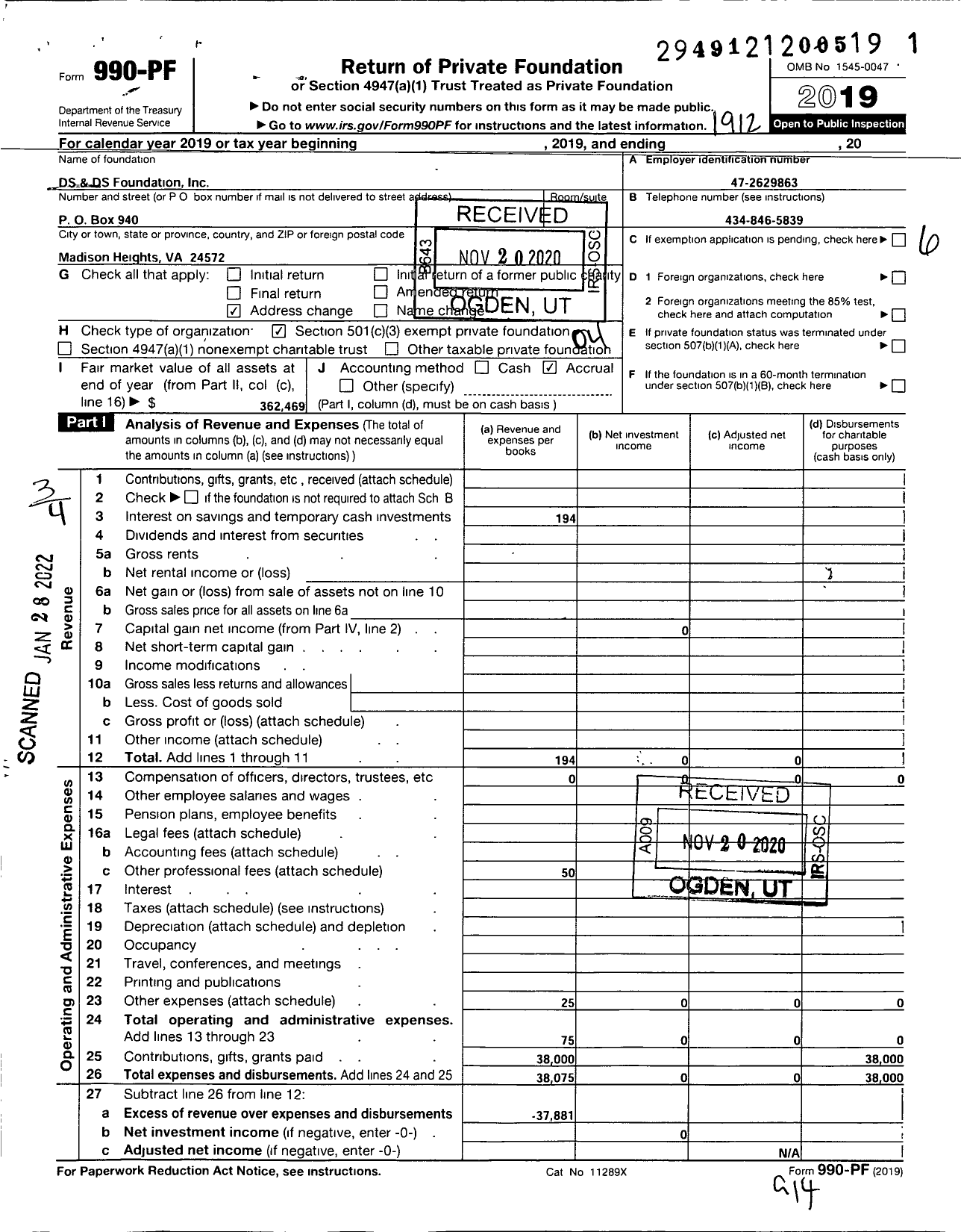 Image of first page of 2019 Form 990PF for DS Foundation