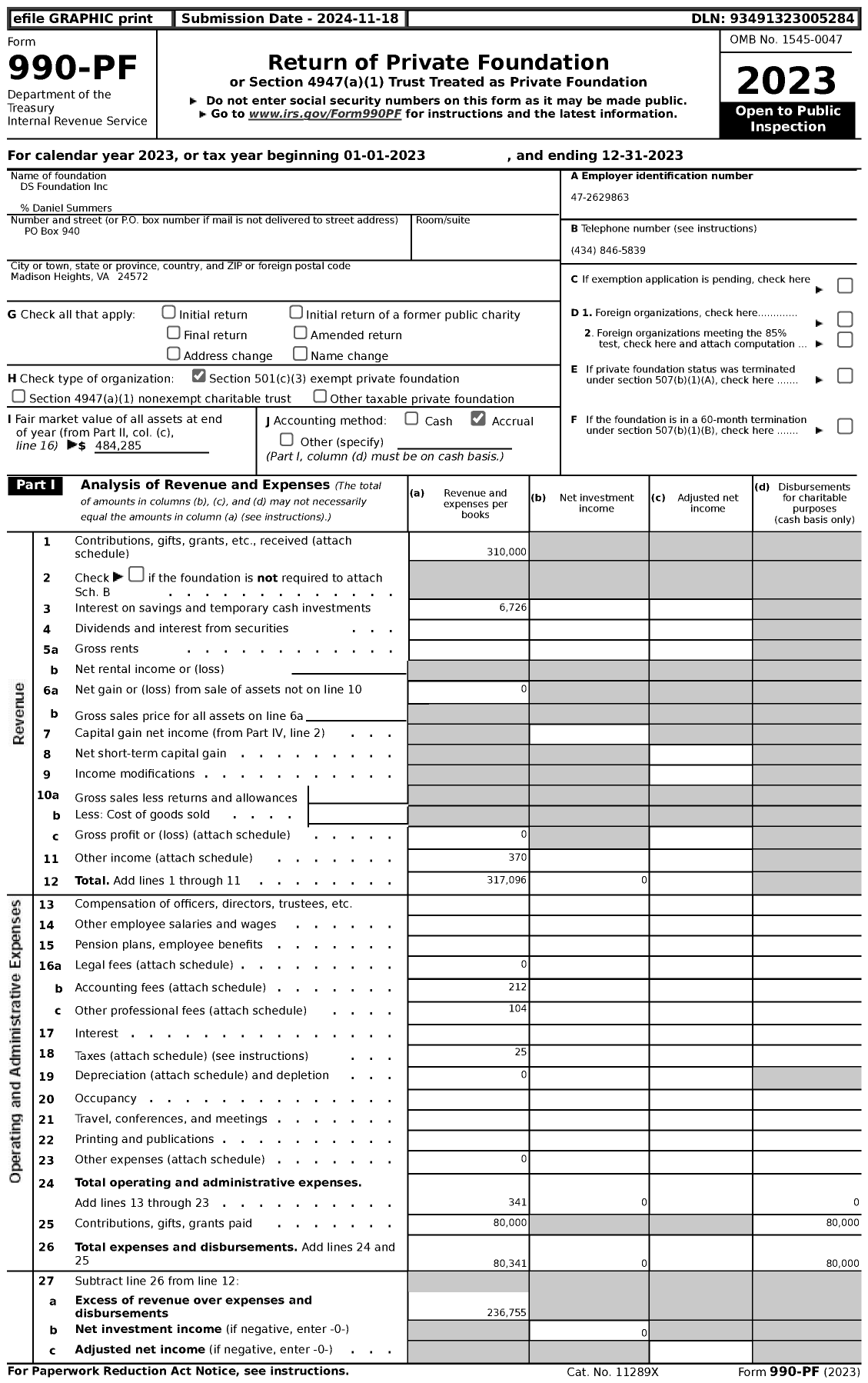 Image of first page of 2023 Form 990PF for DS Foundation