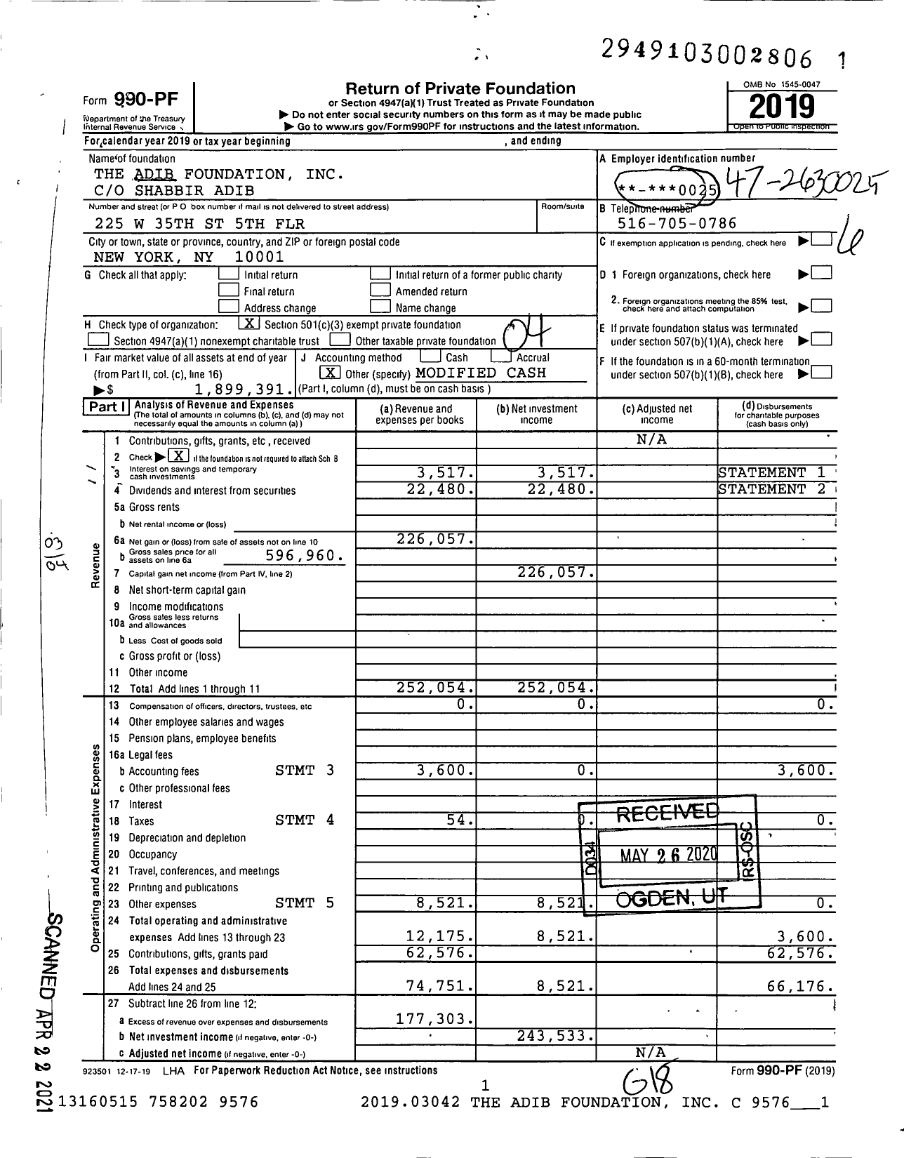 Image of first page of 2019 Form 990PF for The Adib Foundation