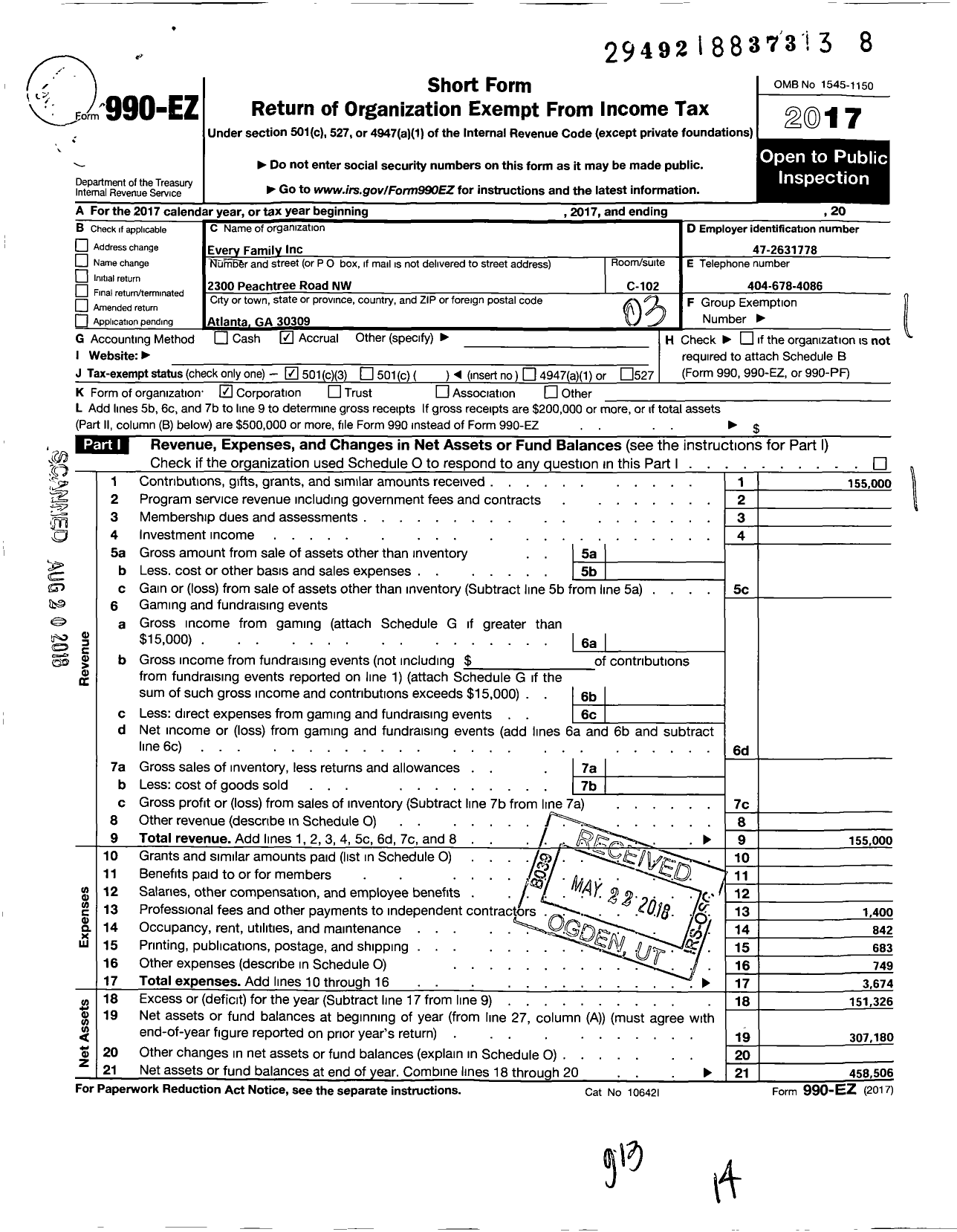 Image of first page of 2017 Form 990EZ for Every Family