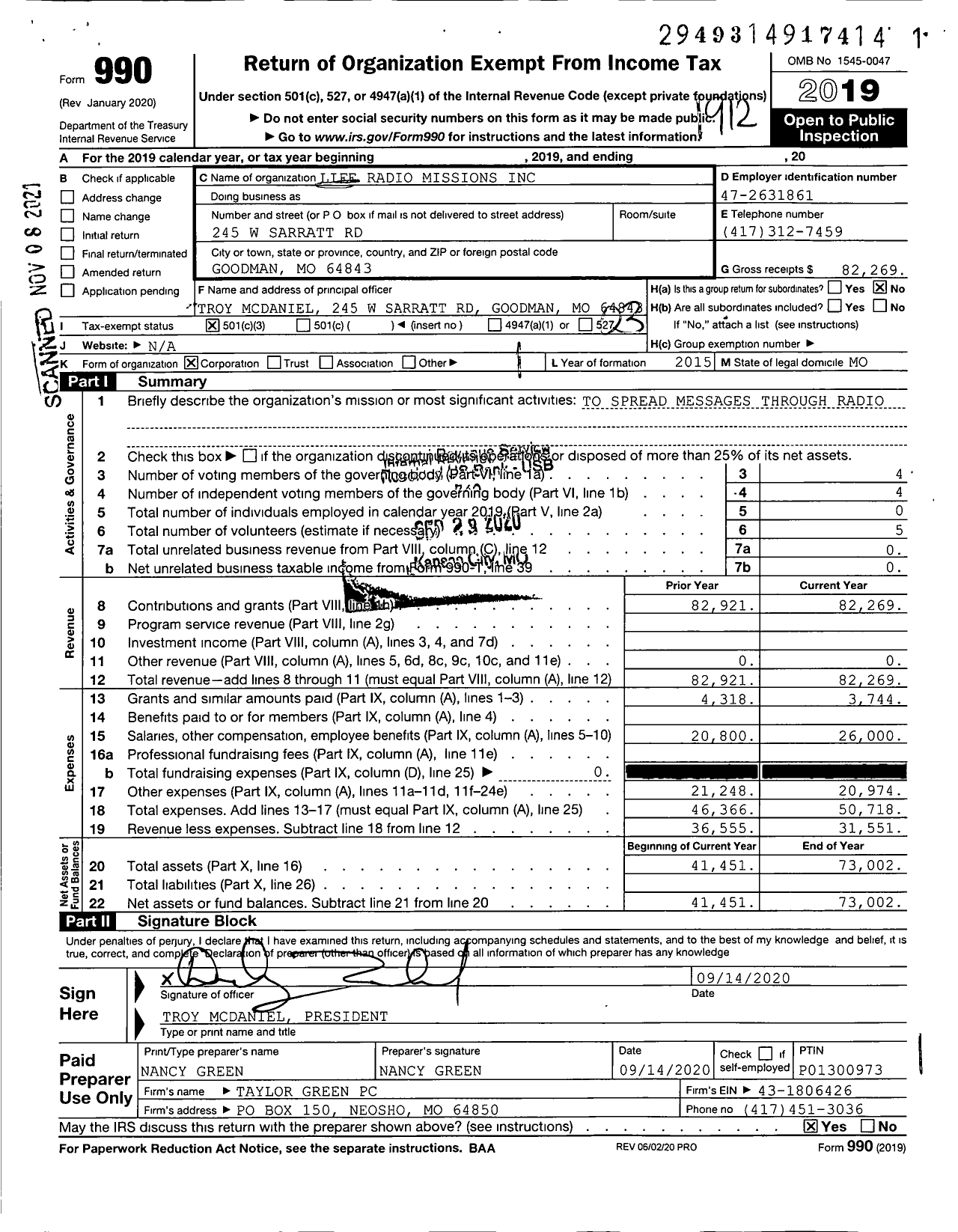 Image of first page of 2019 Form 990 for Life Radio Missions