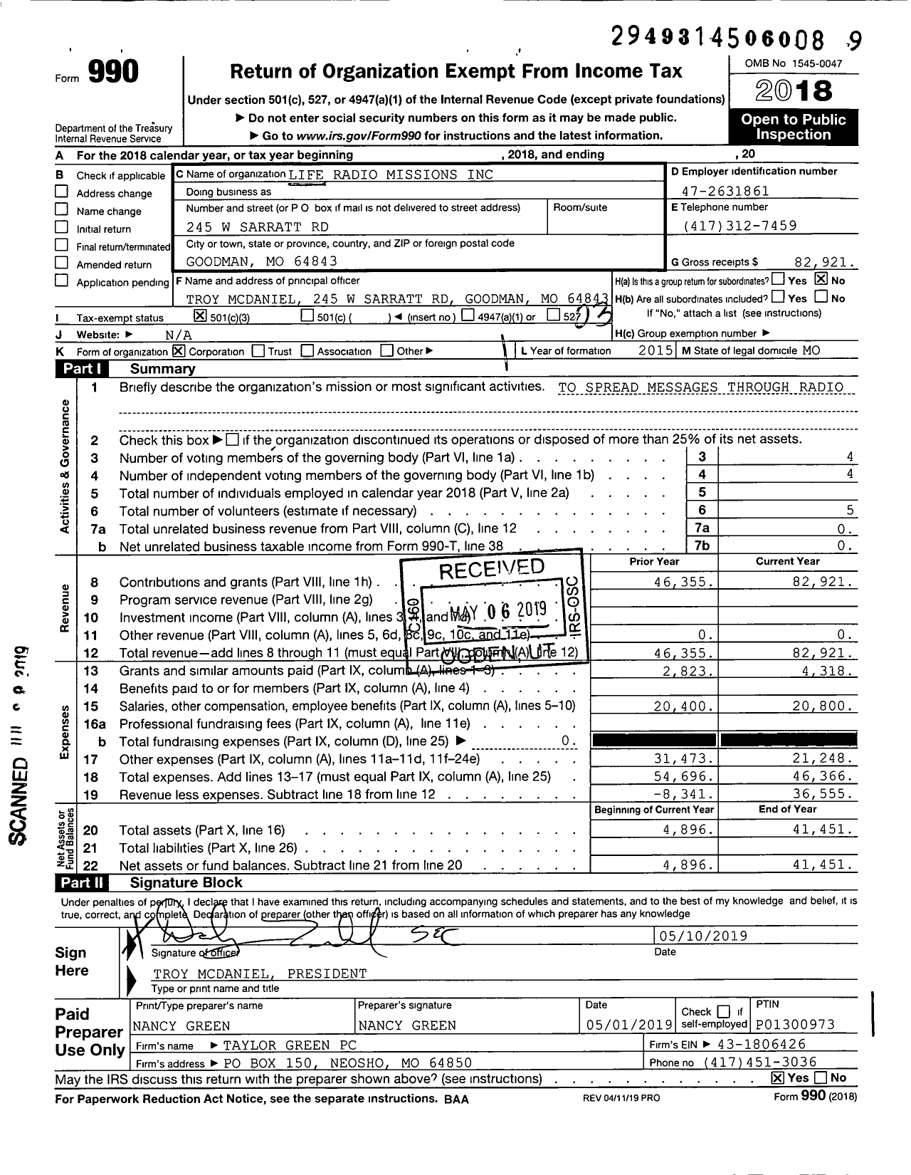 Image of first page of 2018 Form 990 for Life Radio Missions