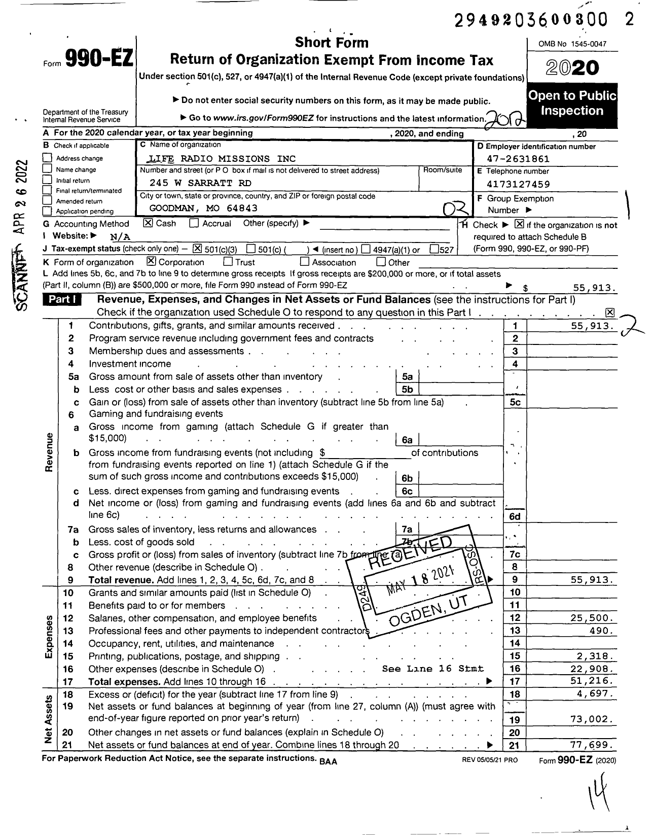 Image of first page of 2020 Form 990EZ for Life Radio Missions