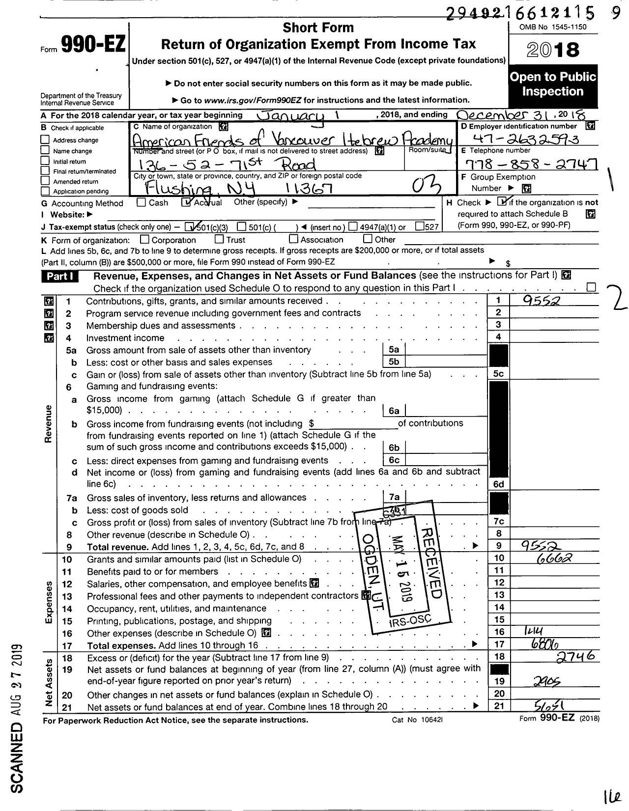 Image of first page of 2018 Form 990EZ for American Friends of Vancouver Hebrew Academy