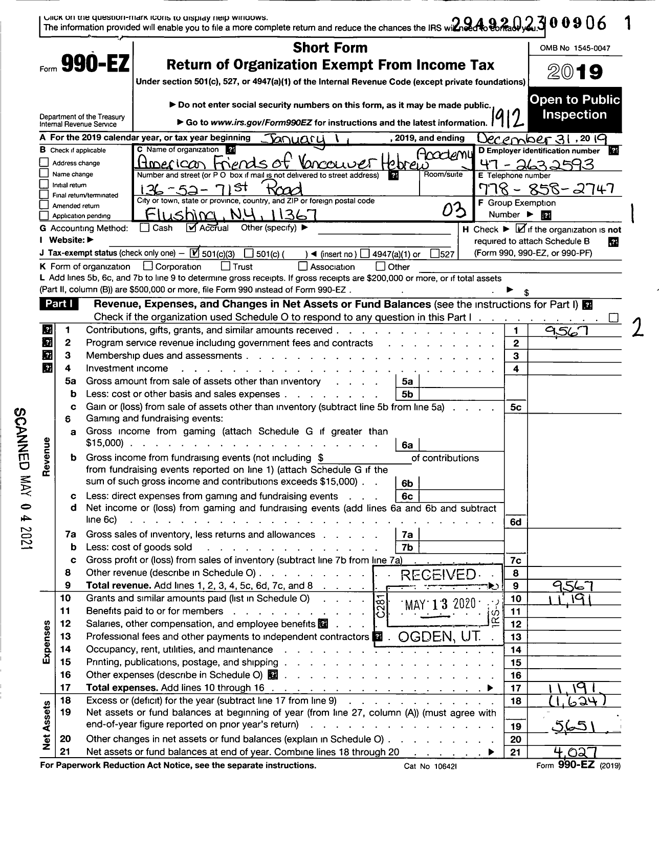 Image of first page of 2019 Form 990EZ for American Friends of Vancouver Hebrew Academy