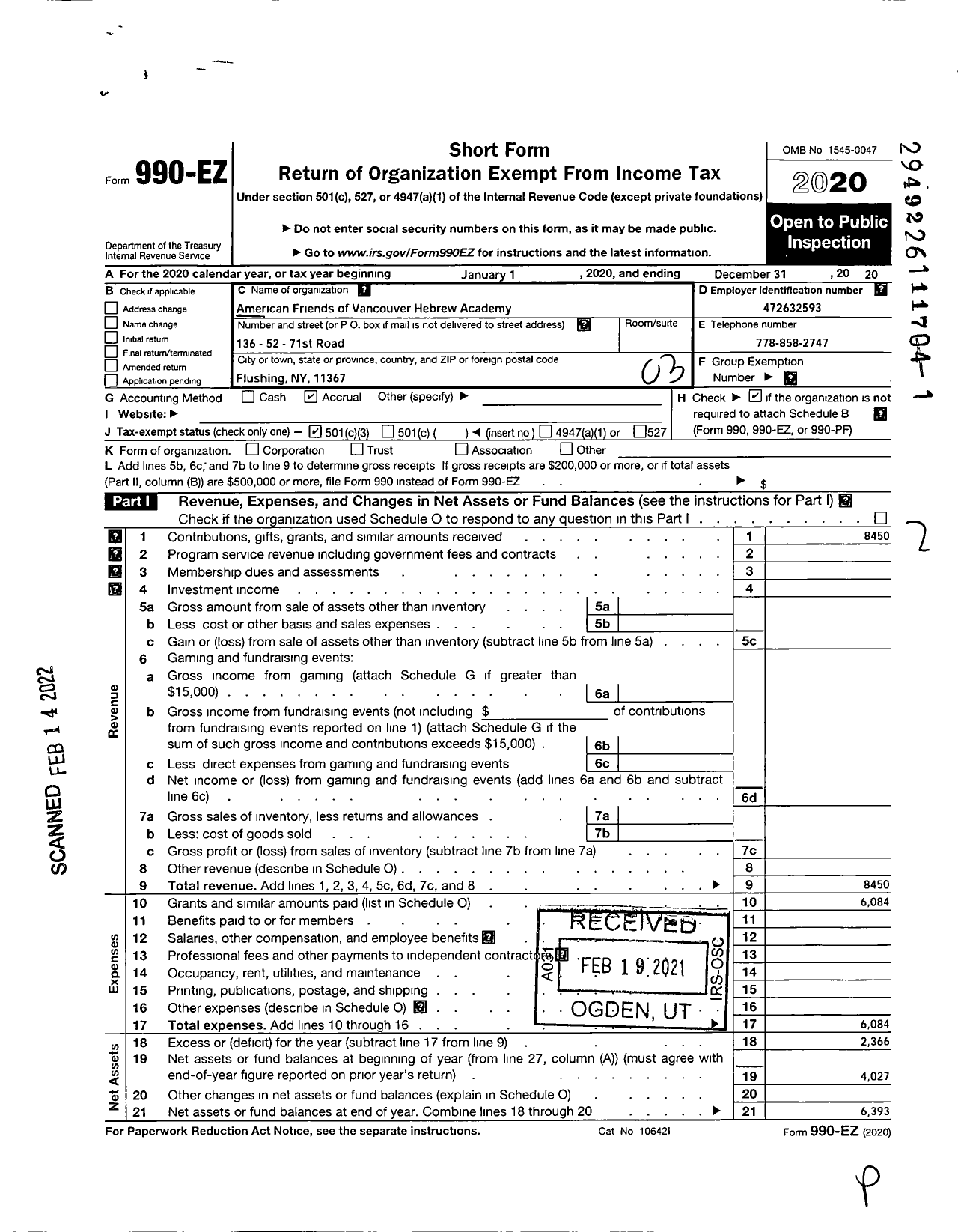 Image of first page of 2020 Form 990EZ for American Friends of Vancouver Hebrew Academy