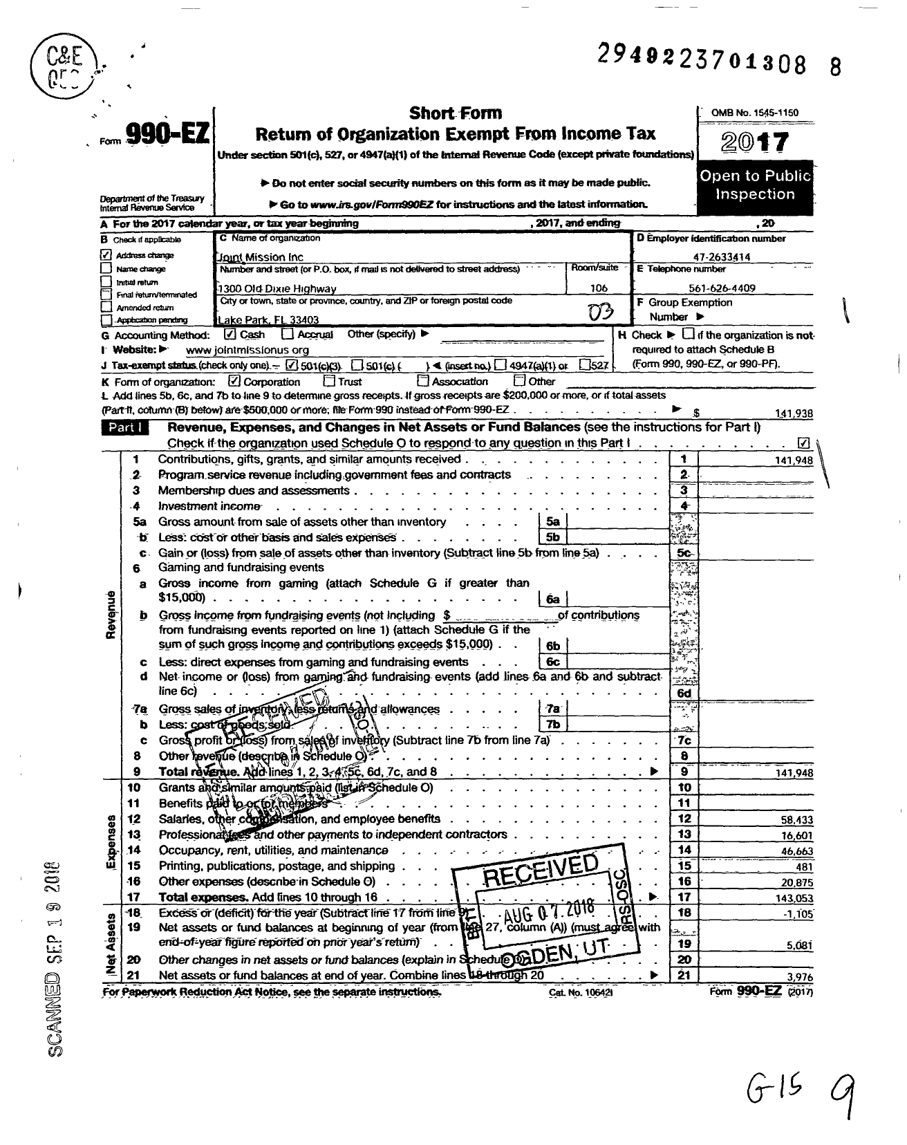 Image of first page of 2017 Form 990EZ for Joint Mission