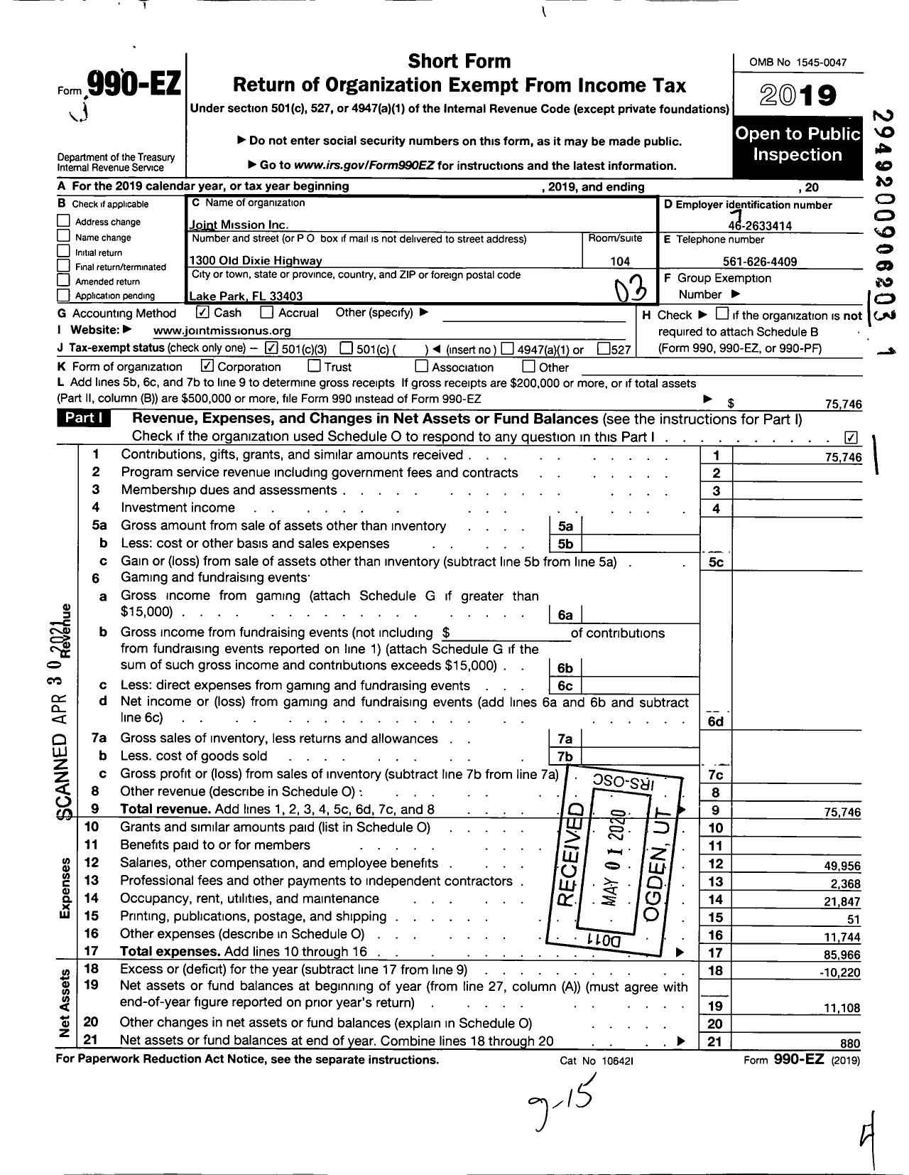 Image of first page of 2019 Form 990EZ for Joint Mission