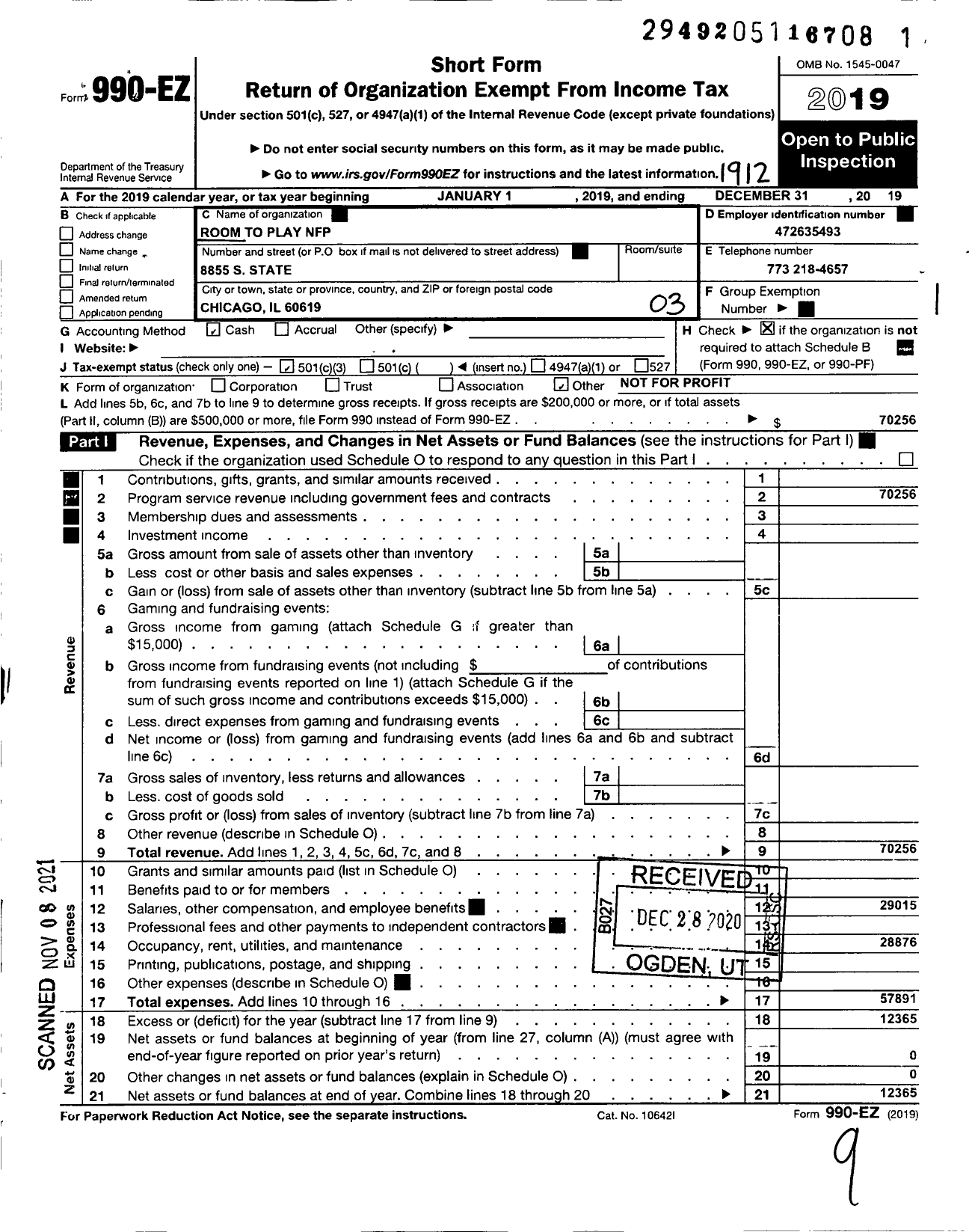 Image of first page of 2019 Form 990EZ for Room To Play NFP