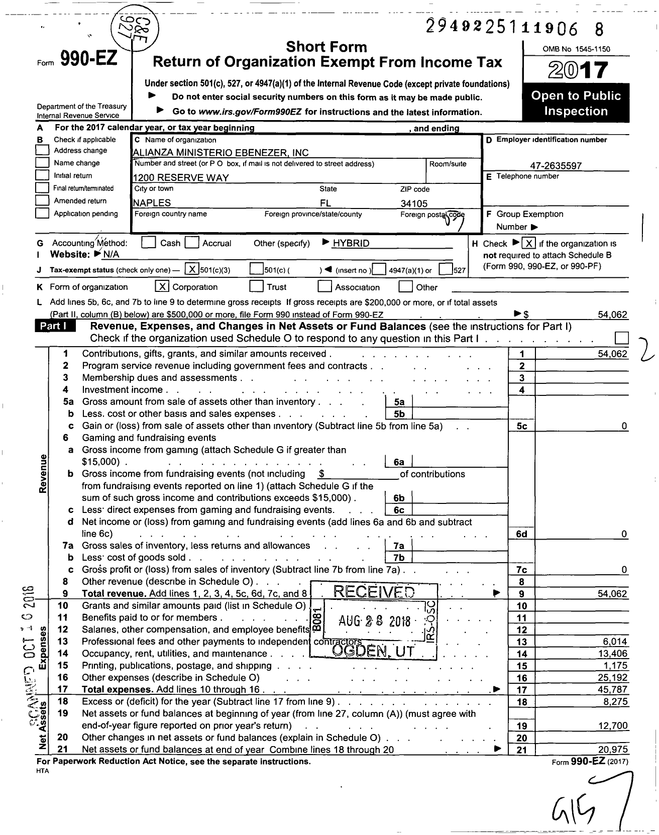 Image of first page of 2017 Form 990EZ for Alianza Ministerio Ebenezer