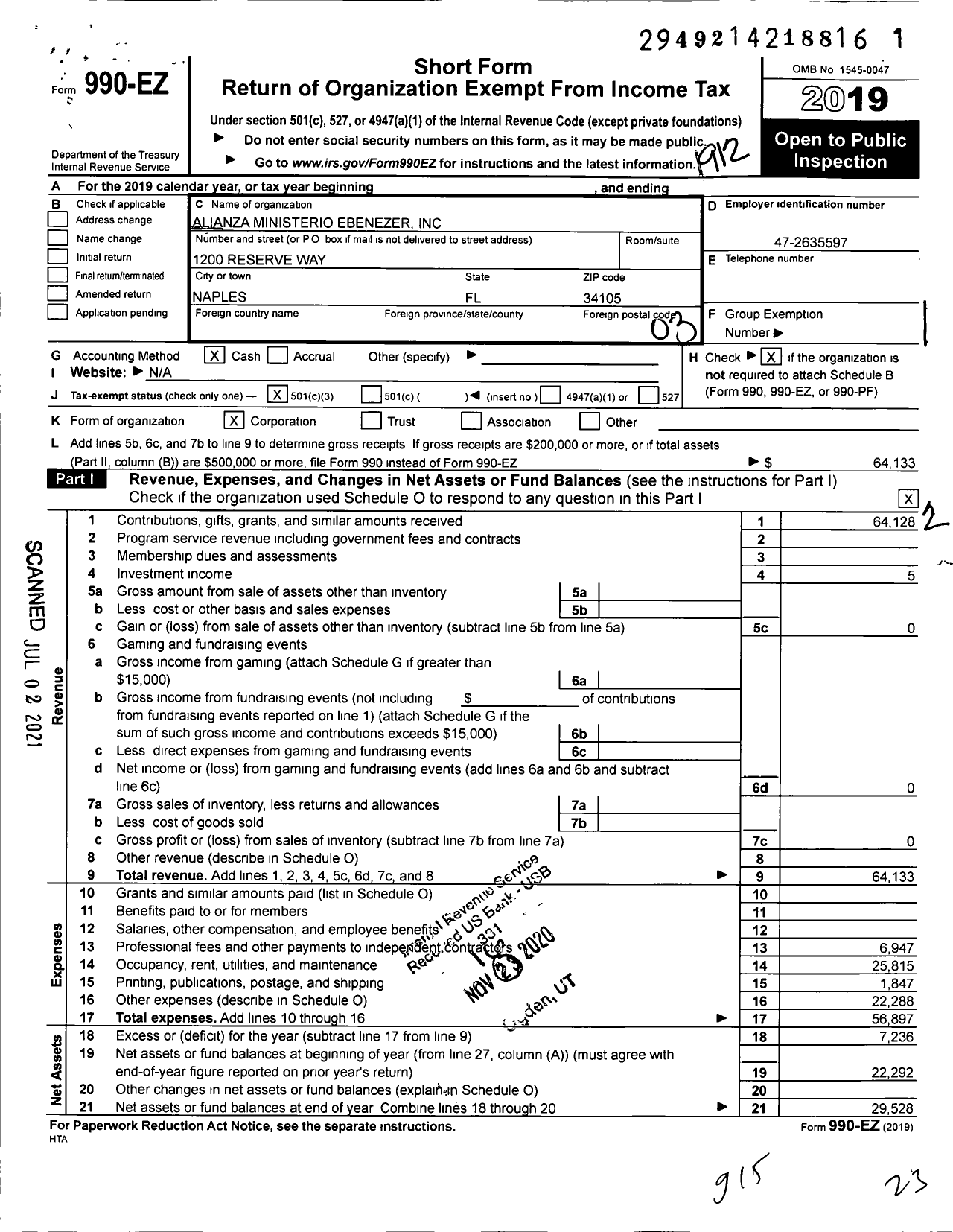 Image of first page of 2019 Form 990EZ for Alianza Ministerio Ebenezer