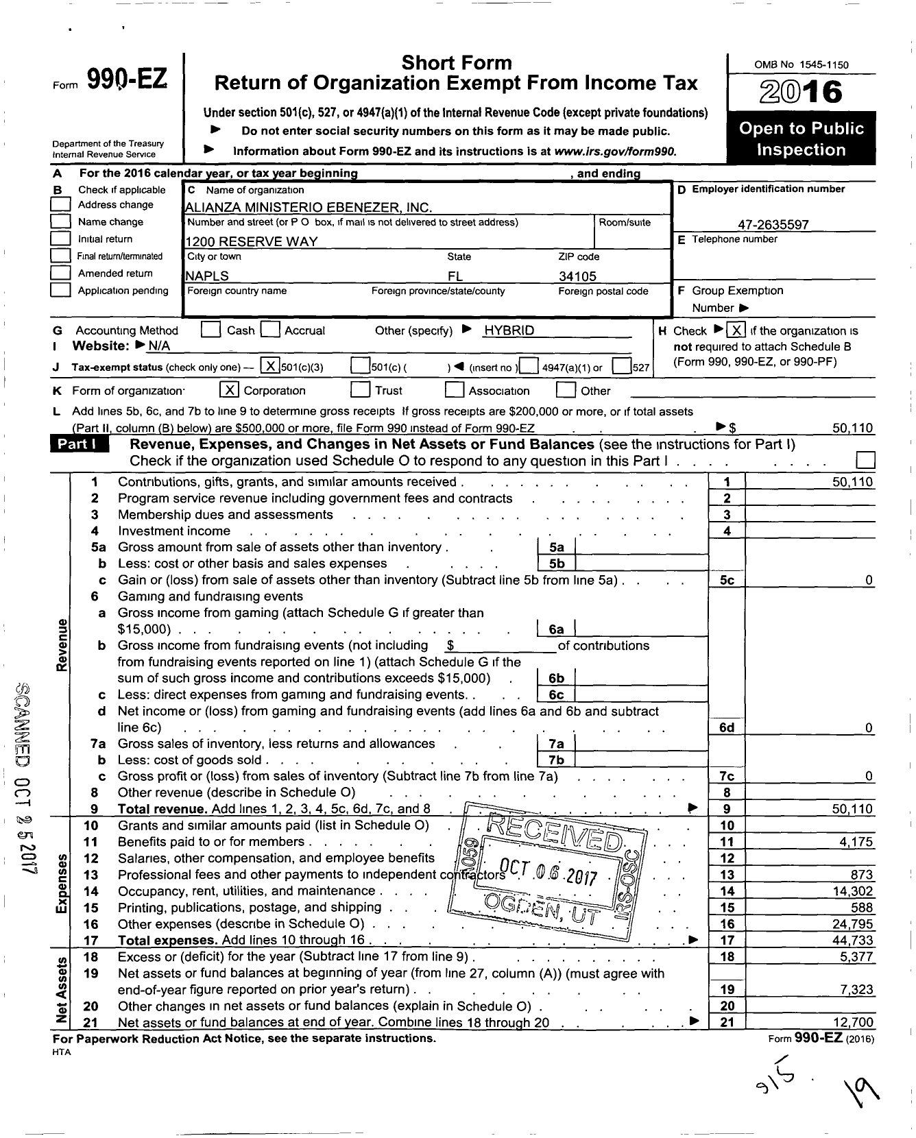 Image of first page of 2016 Form 990EZ for Alianza Ministerio Ebenezer