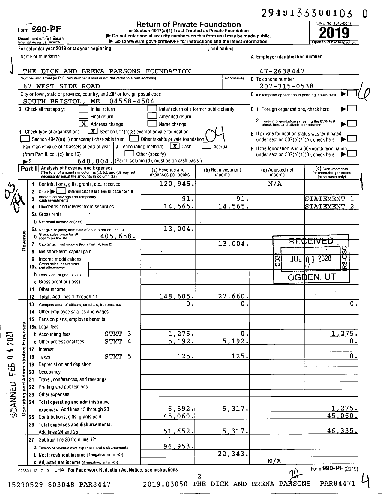 Image of first page of 2019 Form 990PF for The Dick and Brena Parsons Foundation