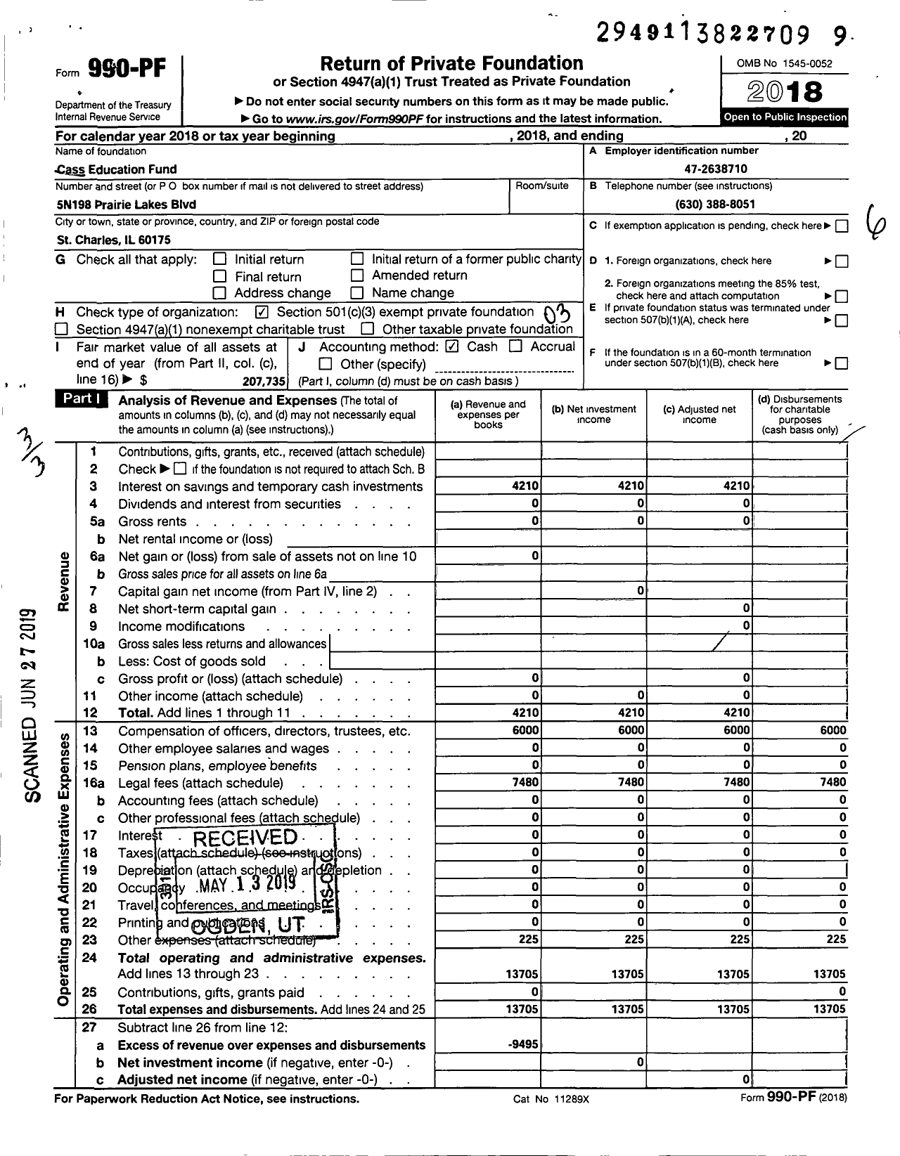 Image of first page of 2018 Form 990PF for Cass Education Fund