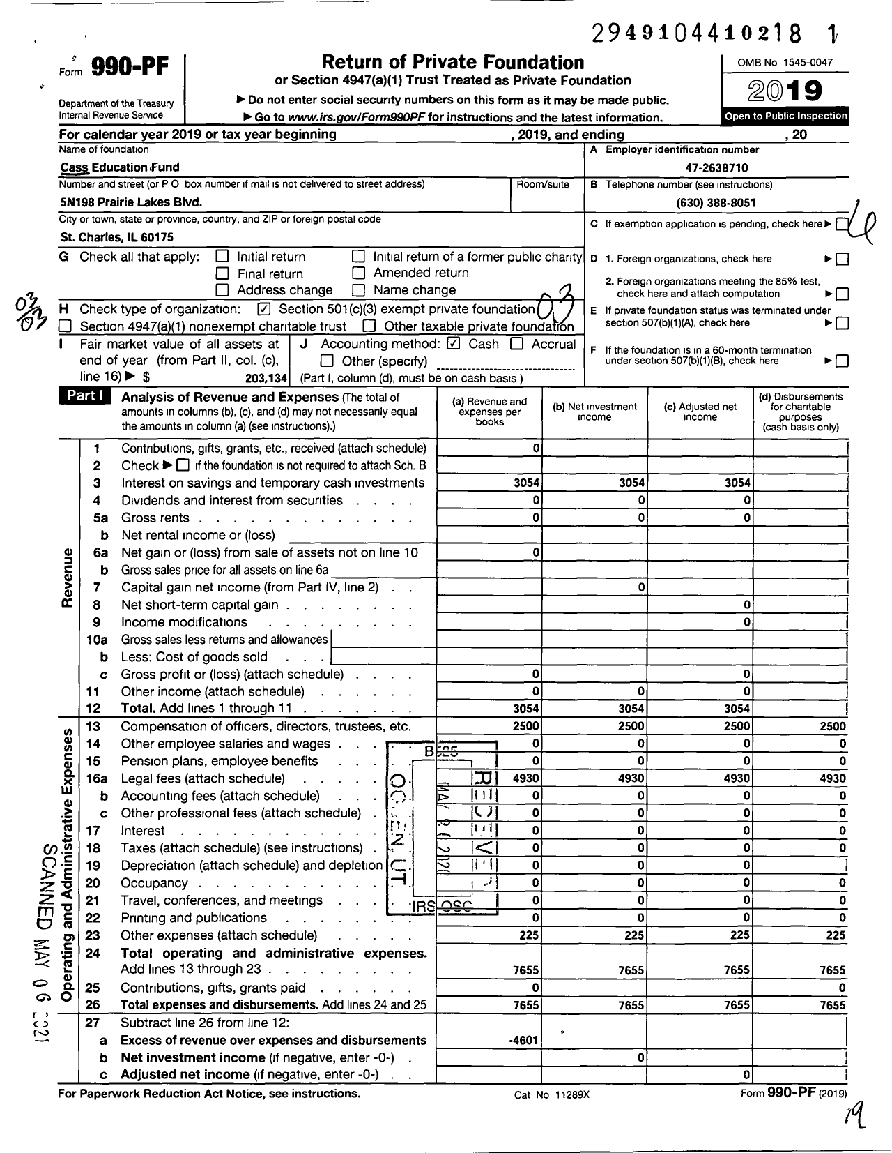 Image of first page of 2019 Form 990PF for Cass Education Fund