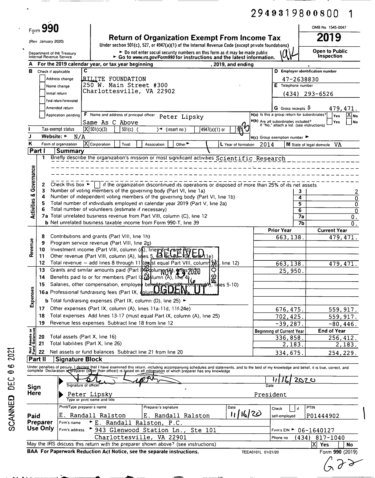 Image of first page of 2019 Form 990 for Rilite Foundation