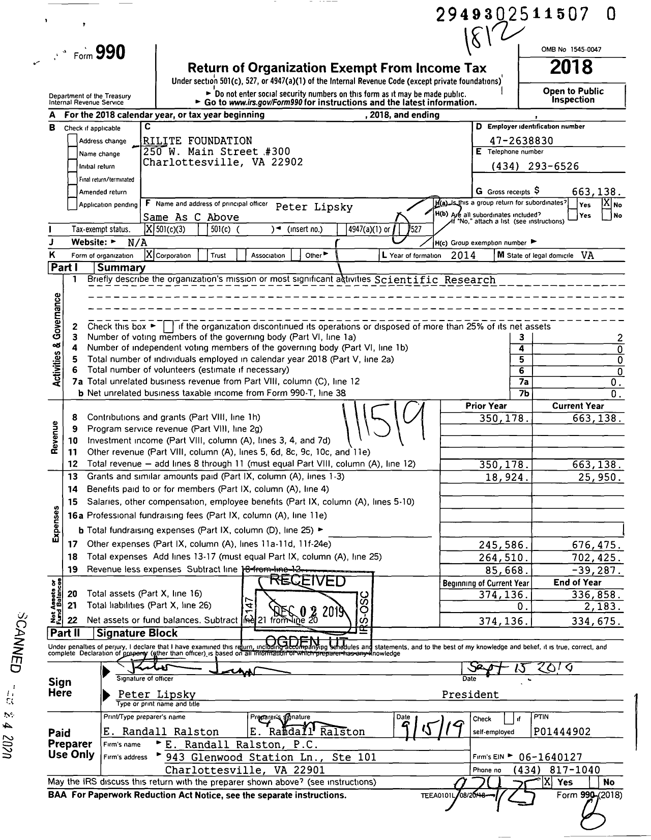 Image of first page of 2018 Form 990 for Rilite Foundation