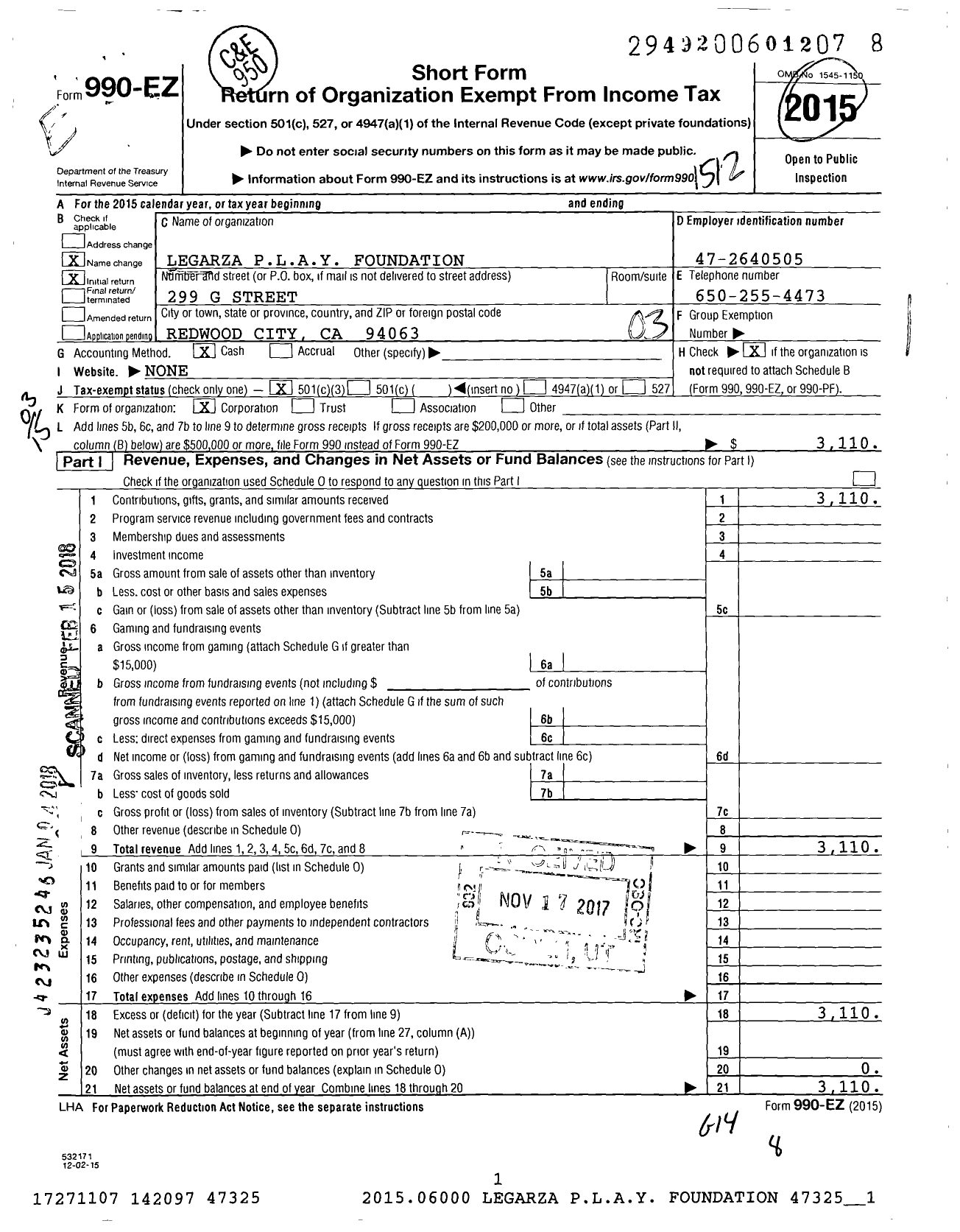 Image of first page of 2015 Form 990EZ for Legarza Play Foundation