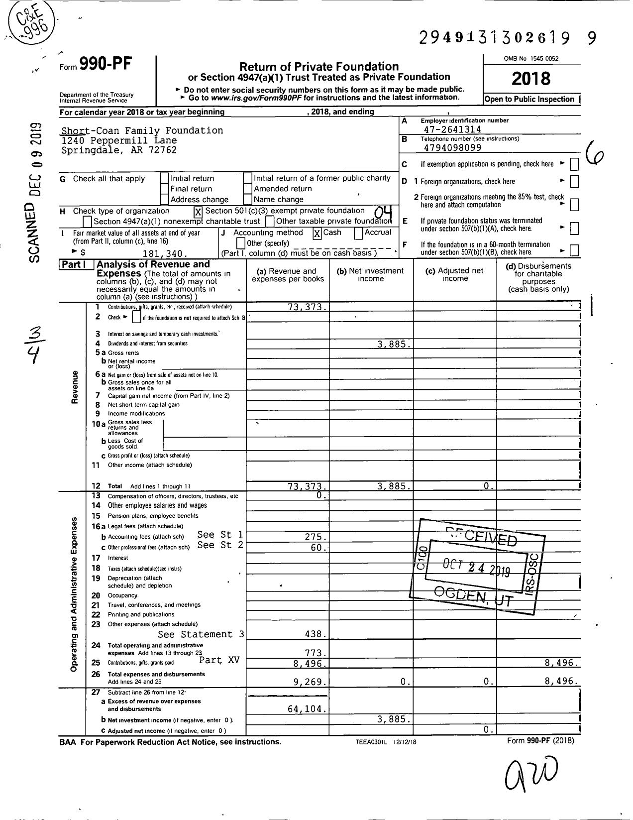 Image of first page of 2018 Form 990PF for Short-Coan Family Foundation