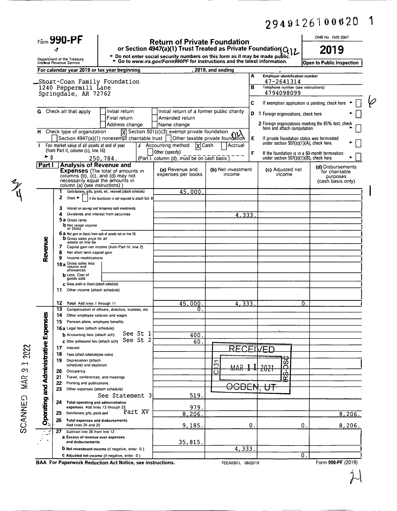 Image of first page of 2019 Form 990PF for Short-Coan Family Foundation