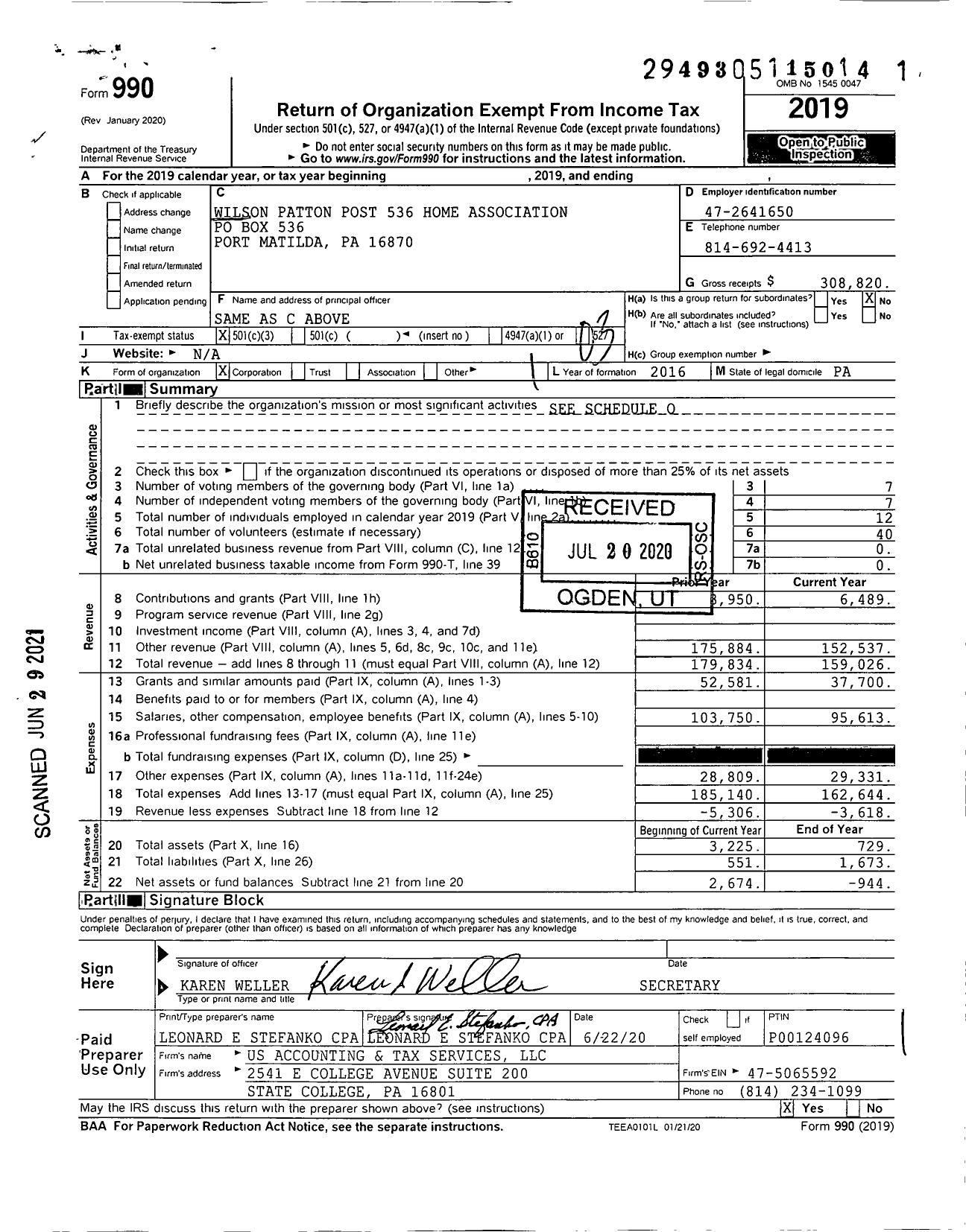 Image of first page of 2019 Form 990 for Wilson Patton Post 536 Home Association