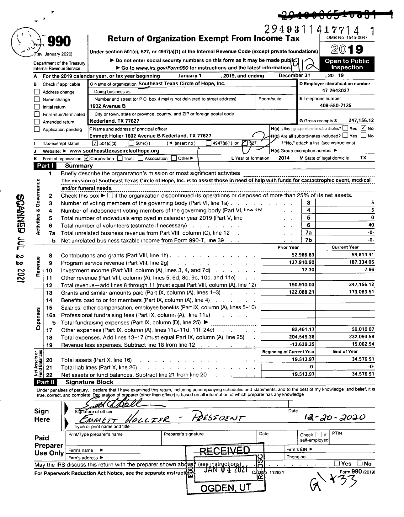 Image of first page of 2019 Form 990 for Southeast Texas Circle of Hope