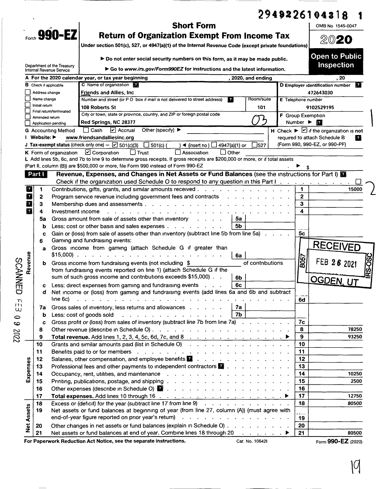 Image of first page of 2020 Form 990EZ for Friends and Allies