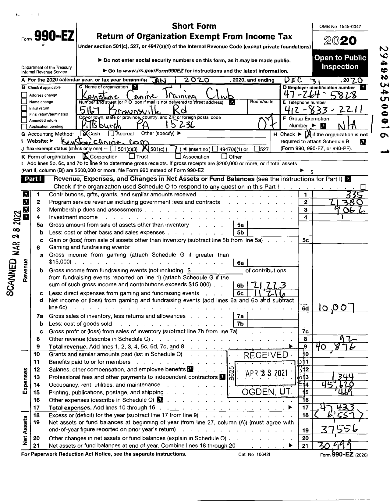 Image of first page of 2020 Form 990EO for Keystone Canine Training Club