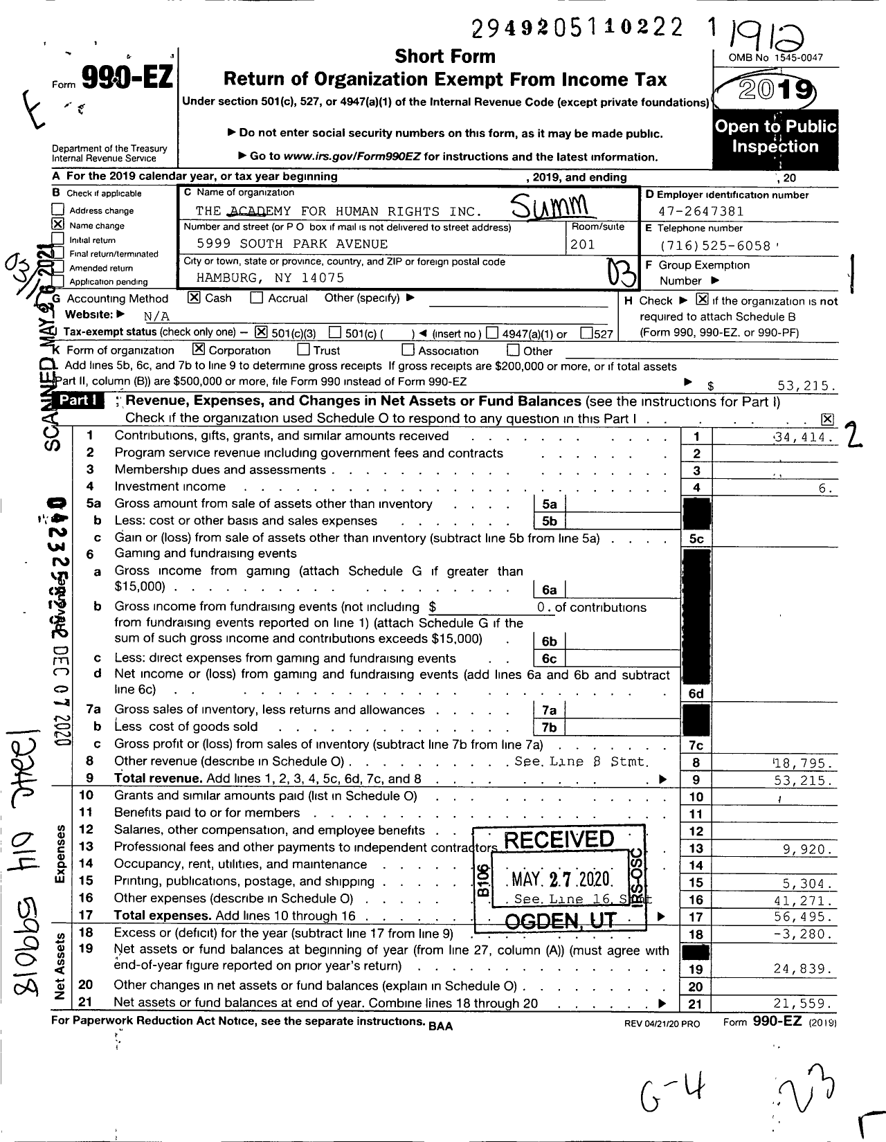 Image of first page of 2019 Form 990EZ for The Academy for Human Rights