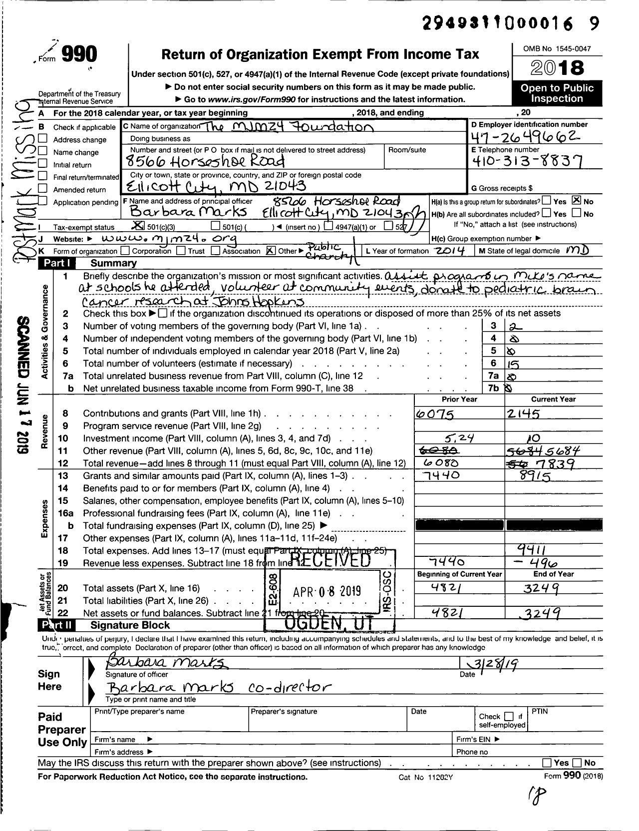 Image of first page of 2018 Form 990 for MJM24 24 Foundation