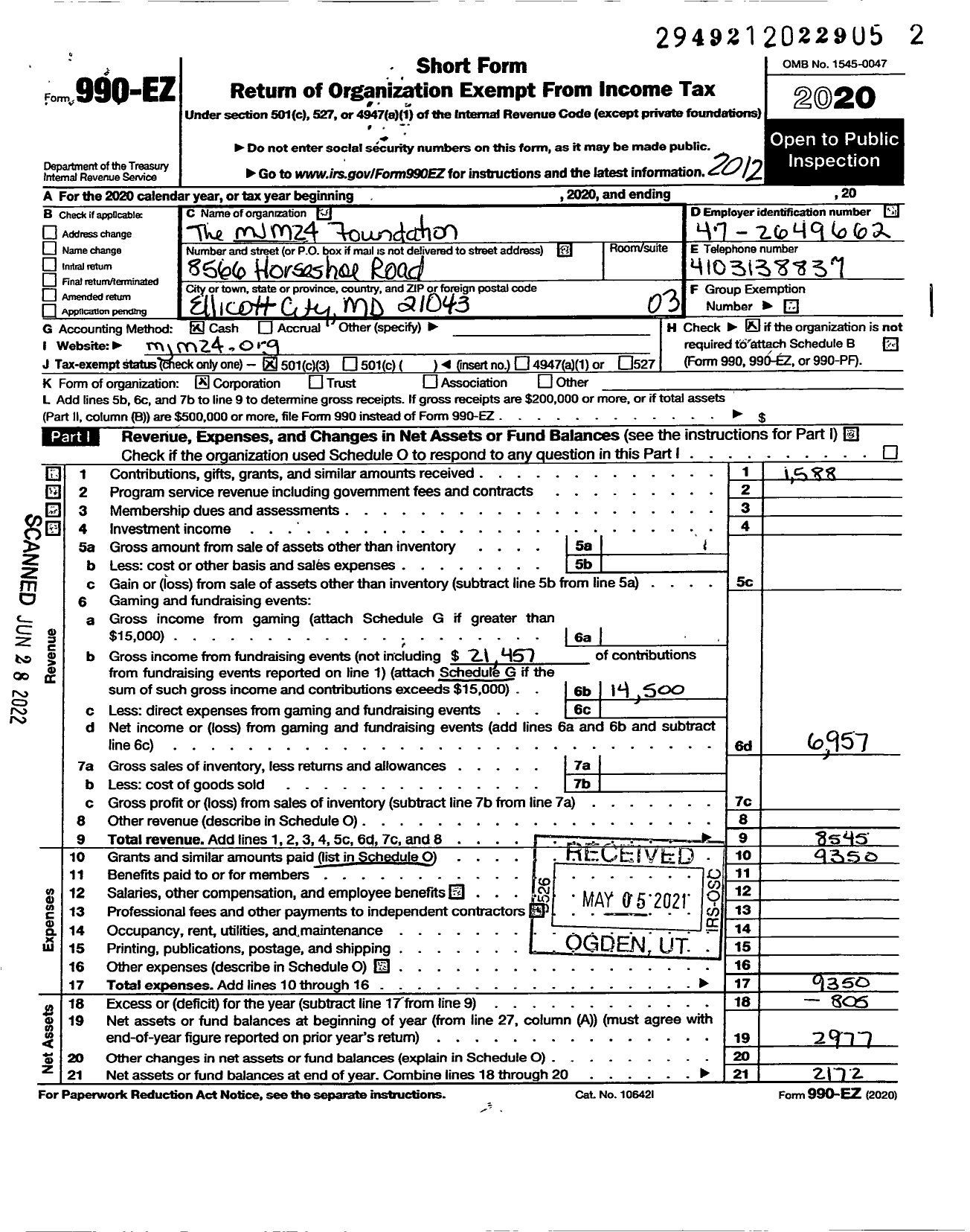 Image of first page of 2020 Form 990EZ for MJM24 24 Foundation