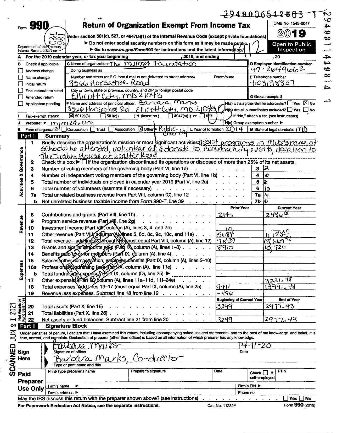 Image of first page of 2019 Form 990 for MJM24 24 Foundation