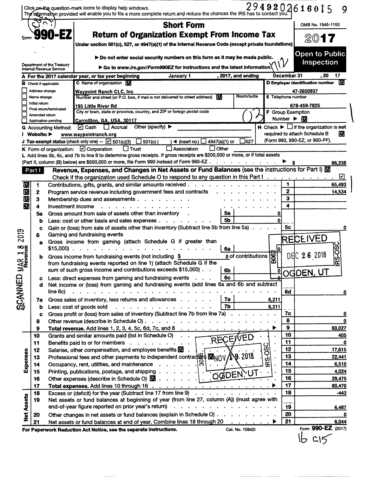 Image of first page of 2017 Form 990EZ for Waypoint Ranch CLC