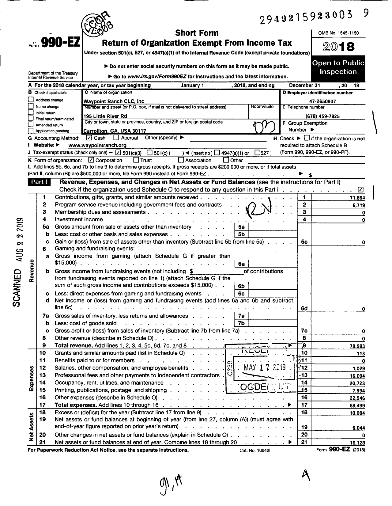 Image of first page of 2018 Form 990EZ for Waypoint Ranch CLC