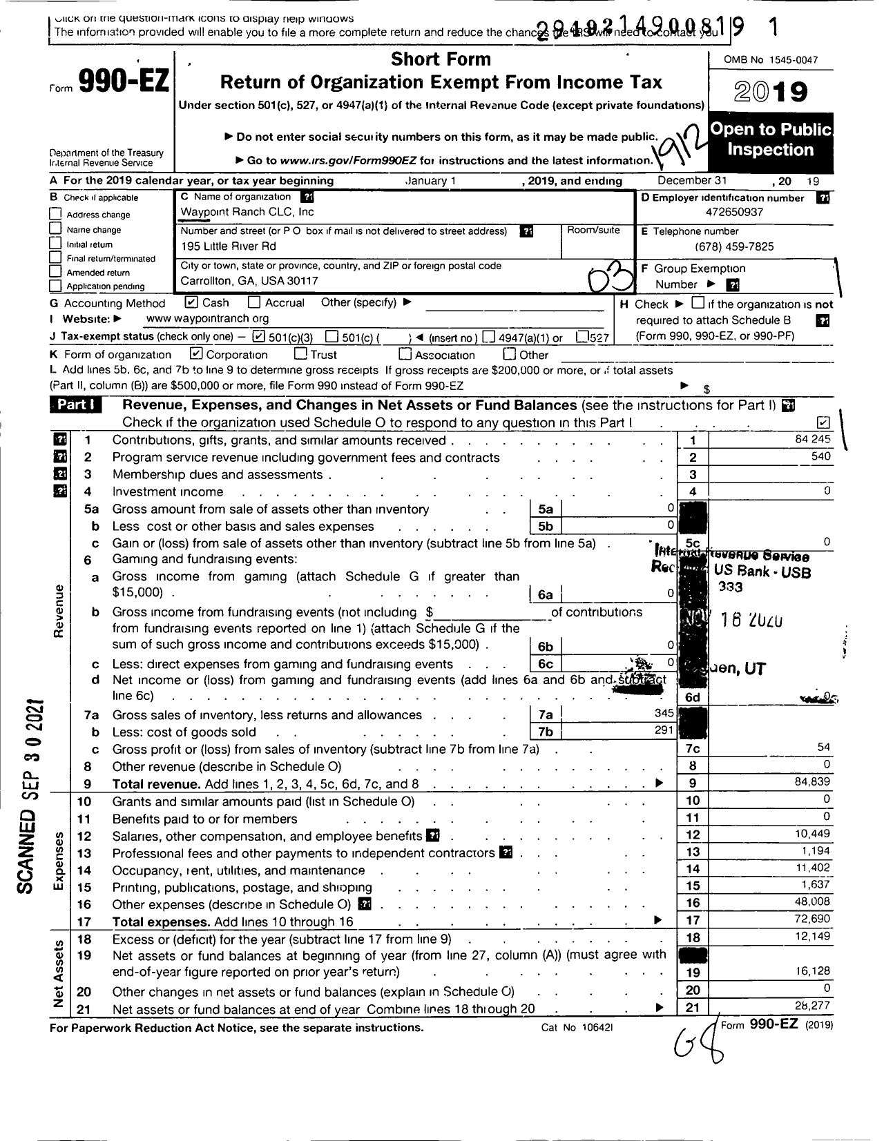 Image of first page of 2019 Form 990EZ for Waypoint Ranch CLC