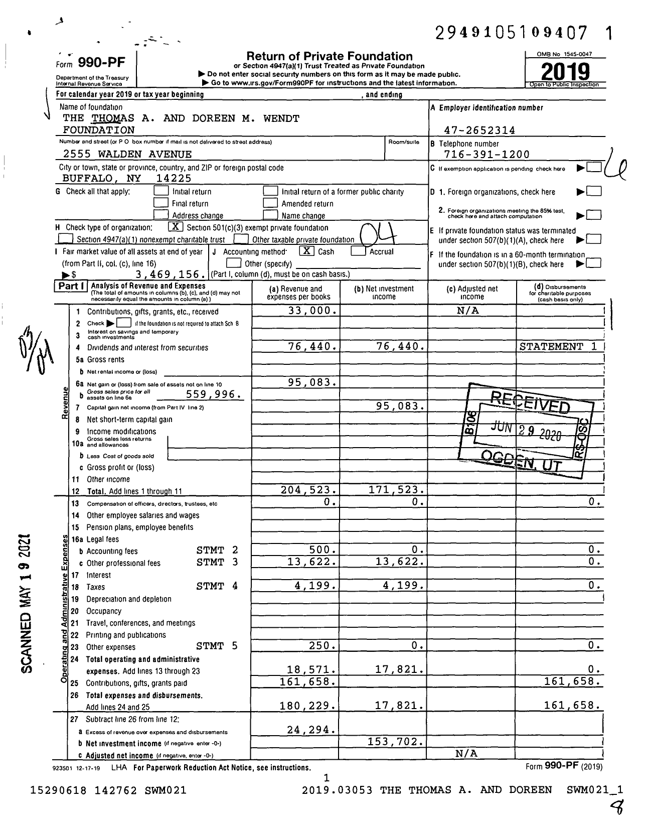 Image of first page of 2019 Form 990PF for The Thomas A and Doreen M Wendt FOUNDATION