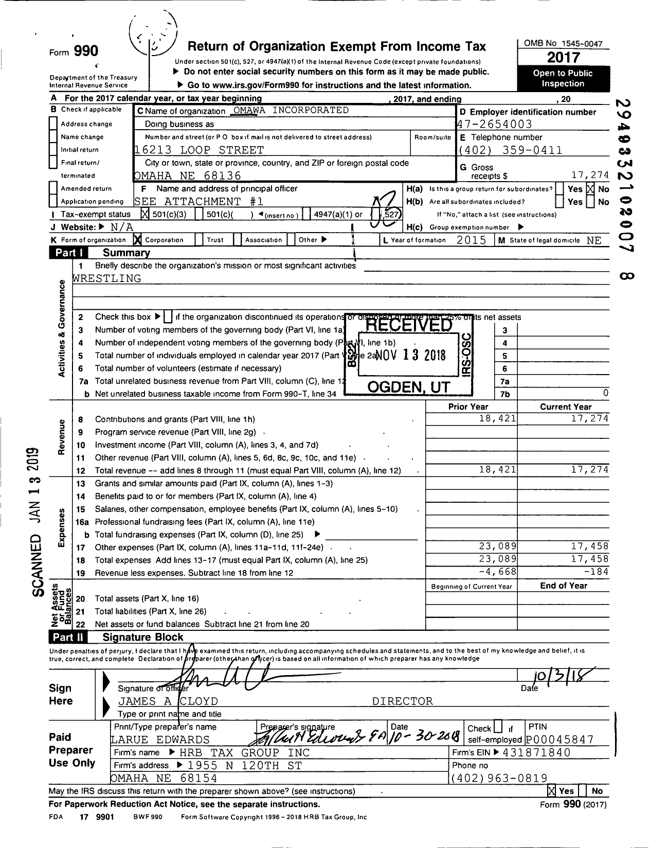 Image of first page of 2017 Form 990 for Omawa Incorporated