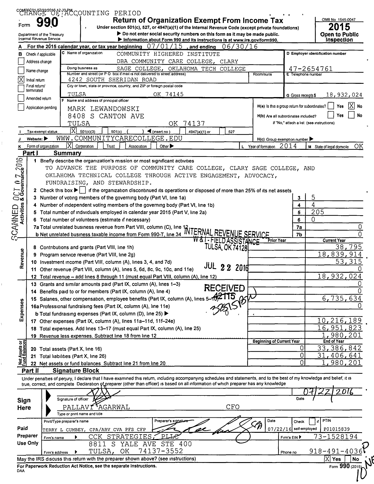 Image of first page of 2015 Form 990 for Sage College Oklahoma Tech College