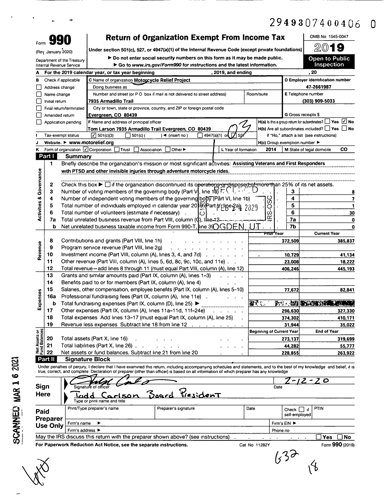 Image of first page of 2019 Form 990 for Motorcycle Relief Project