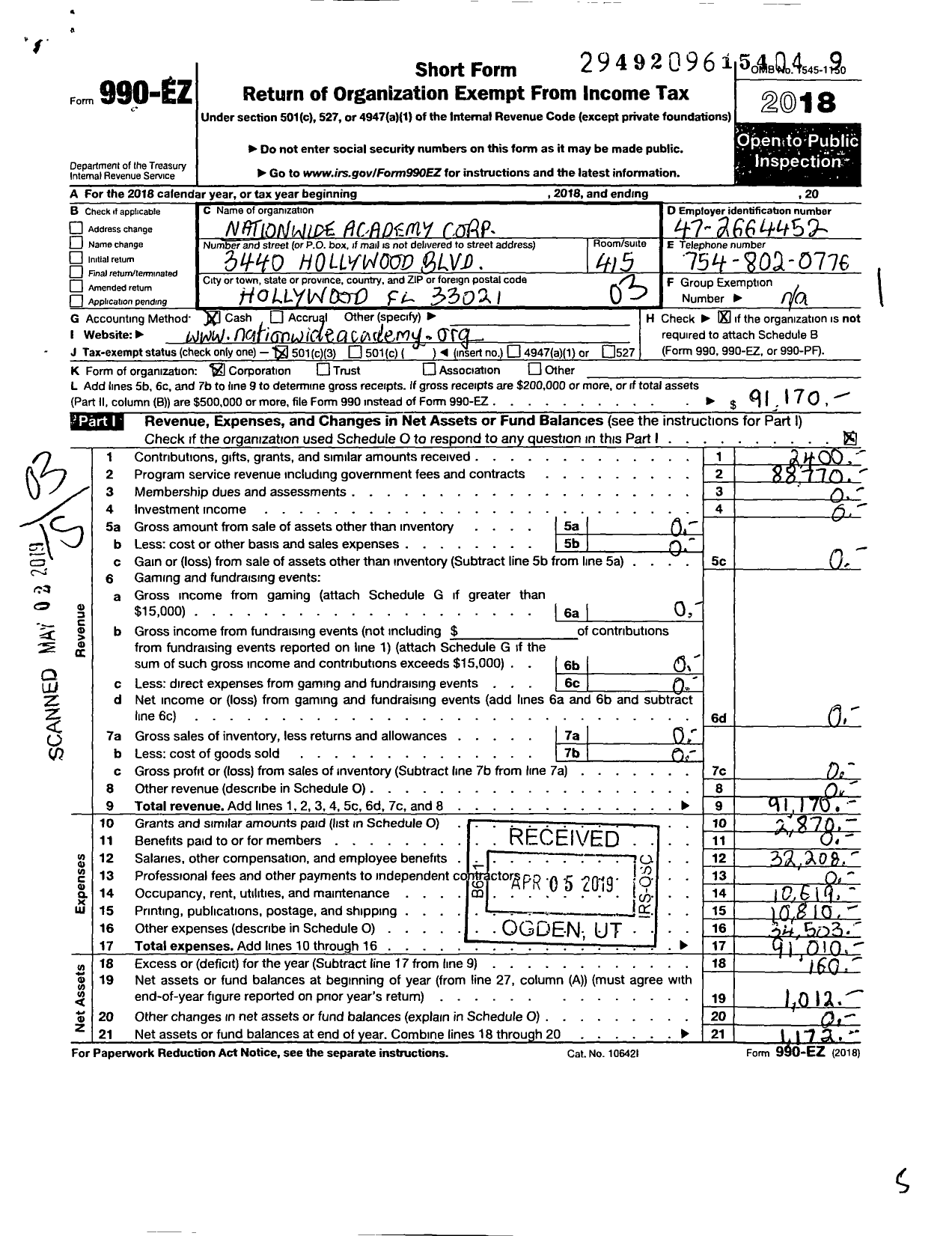 Image of first page of 2018 Form 990EZ for Nationwide Academy Corpration