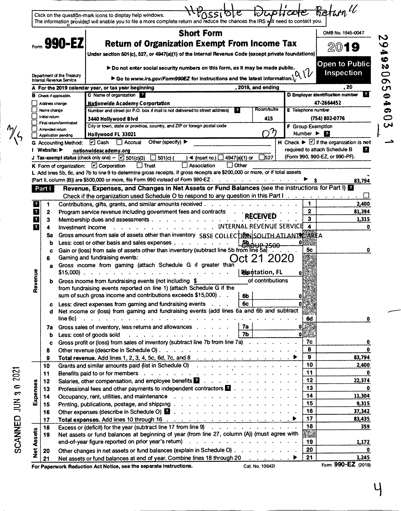 Image of first page of 2019 Form 990EZ for Nationwide Academy Corpration