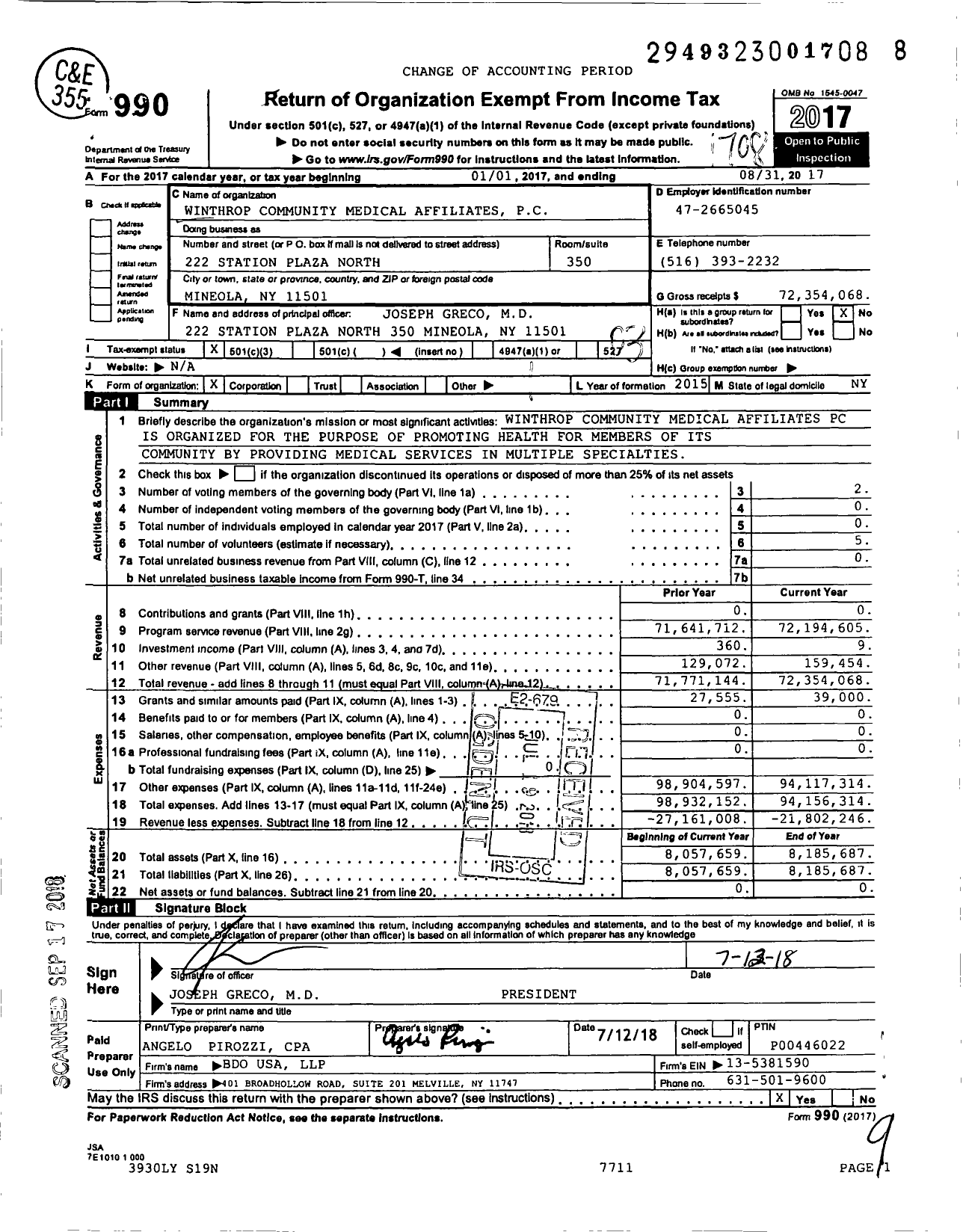 Image of first page of 2016 Form 990 for Winthrop Community Medical Affiliates PC