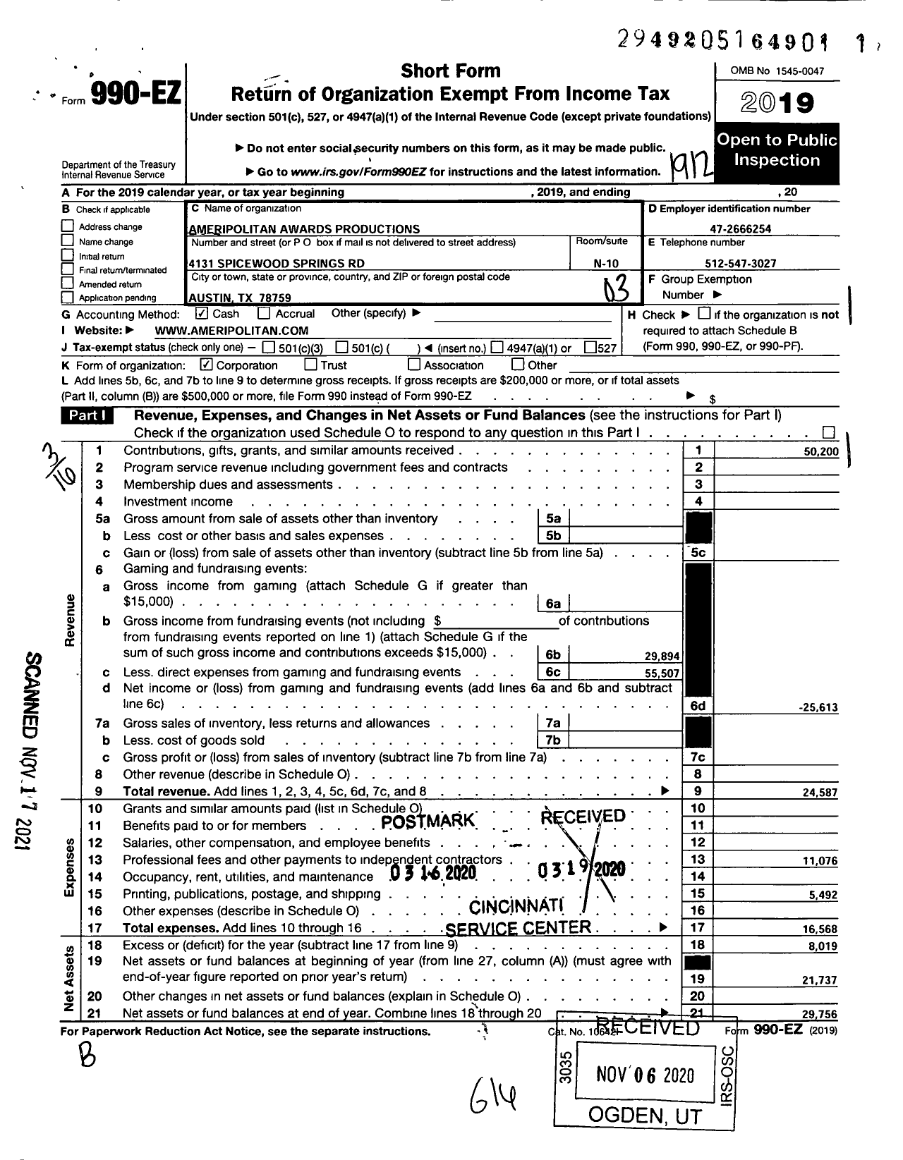 Image of first page of 2019 Form 990EZ for Ameripolitan Awards Productions