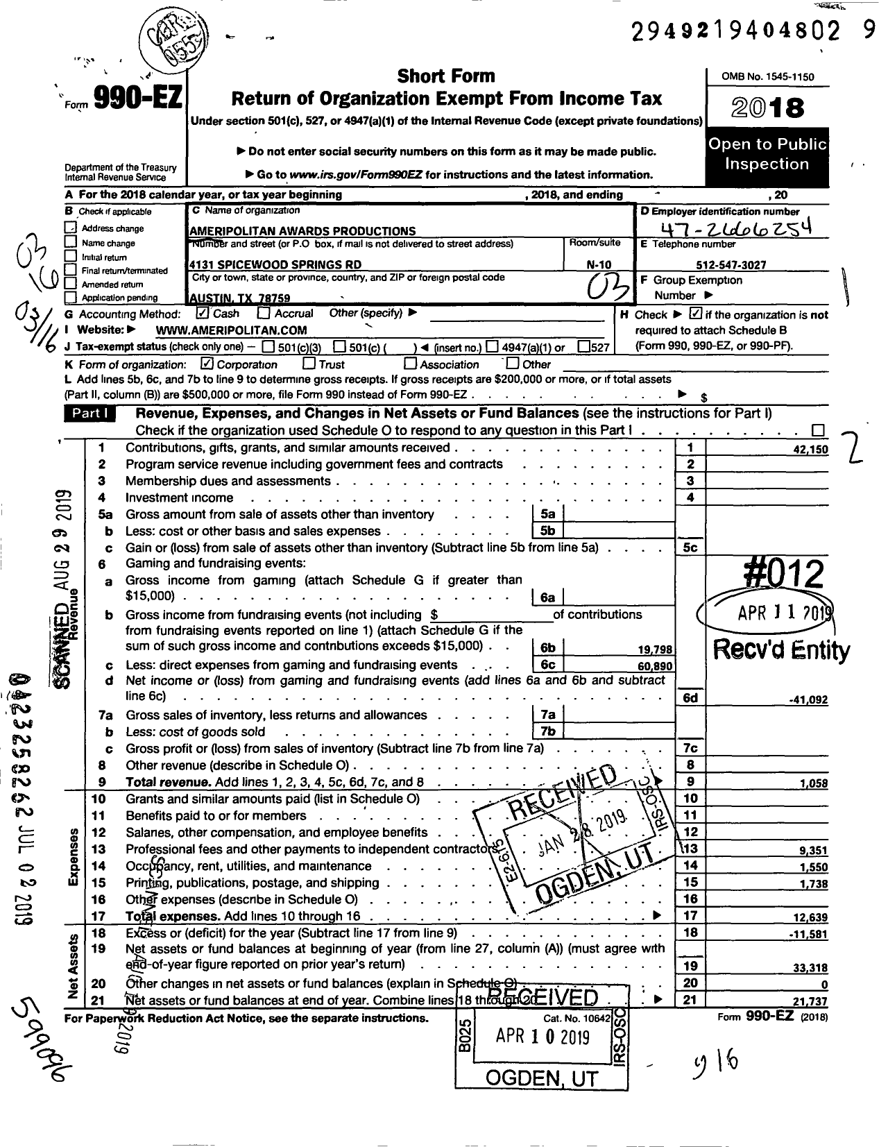 Image of first page of 2018 Form 990EZ for Ameripolitan Awards Productions