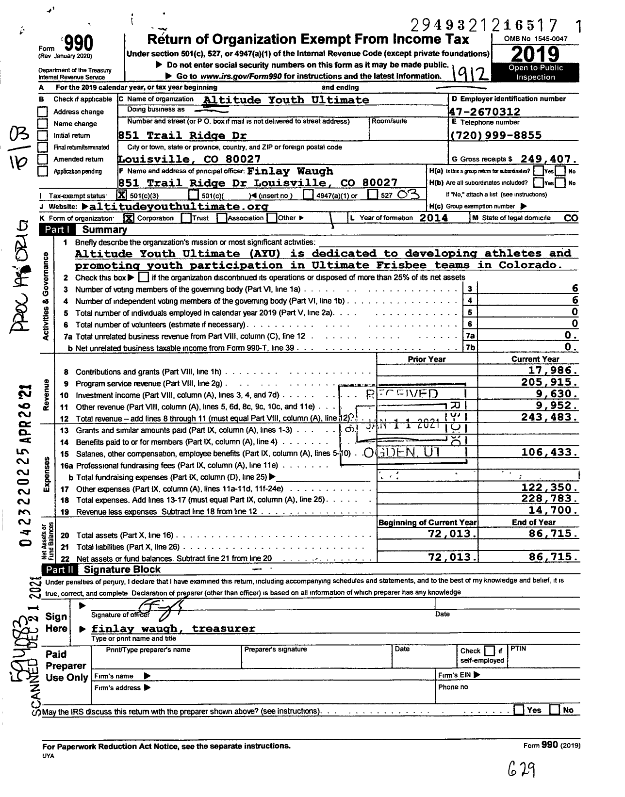 Image of first page of 2019 Form 990 for Altitude Youth Ultimate